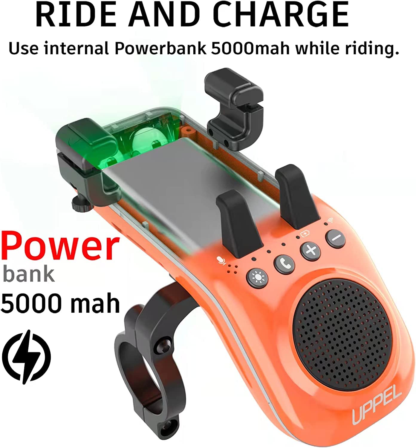 UPPEL Fahrrad Bluetooth Lautsprecher 10 in 1 Multifunktionaler Handyhalterung Fahrrad Powerbank/Klingel/Mikrofon - TF/SD/AUX Modus - Extrem & Freizeit Radsport mit Fahrrad & Mountainbike-Orange