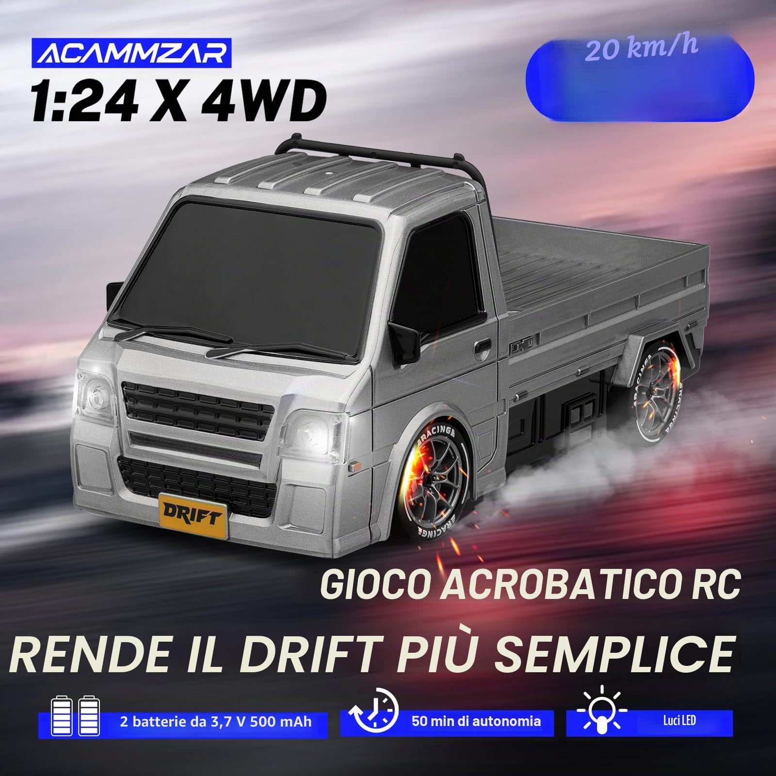 ACAMMZAR RC Drift Macchina Telecomandata, 1:24 20KM/H 4WD Macchine Telecomandate Truck, Radiocomandata Auto con 2 Batterie per Bambini Adulta