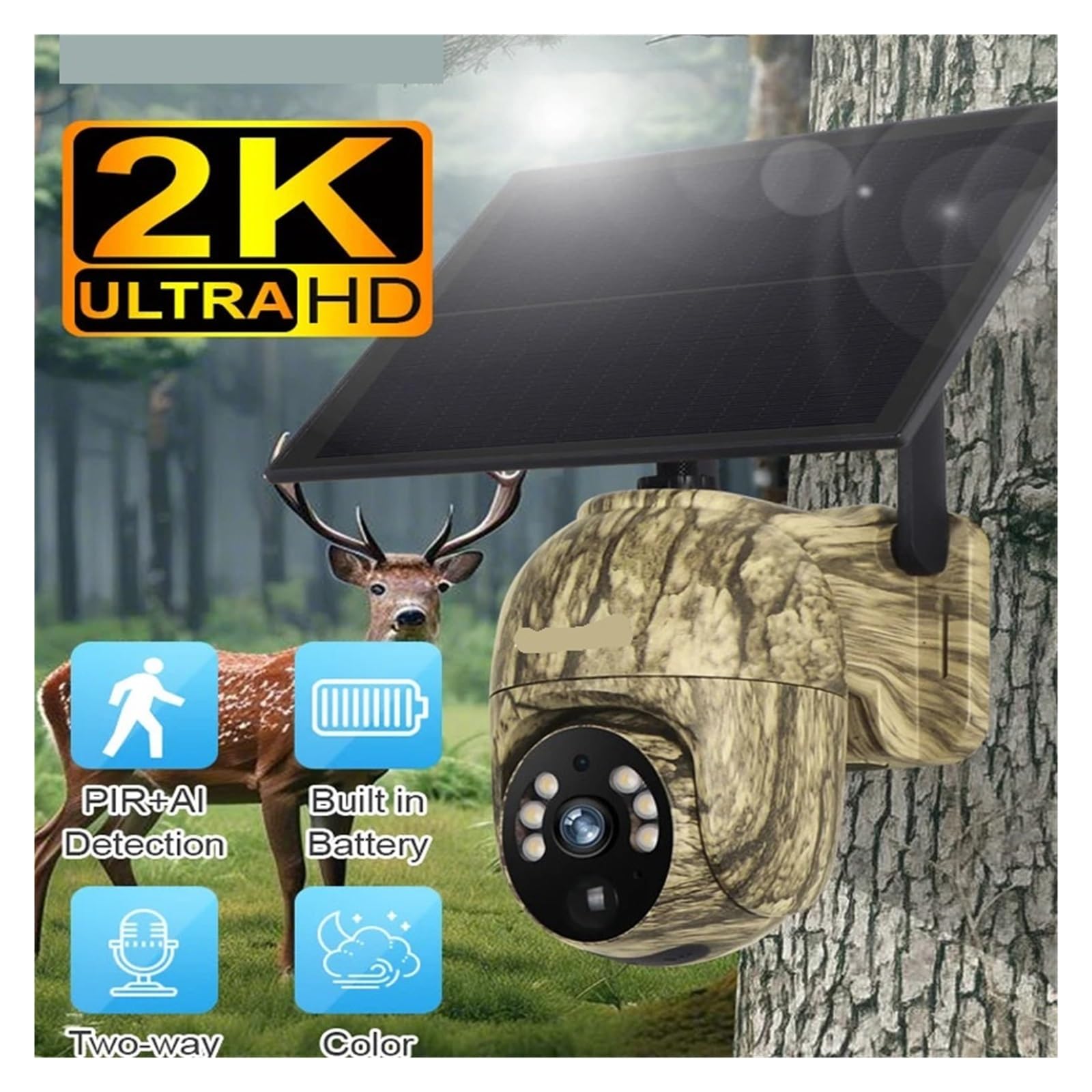 Telecamera PTZ Solare 4G WiFi 2K Sicurezza Esterna | Vista Live 360°, Corpo Mimetico, Alimentazione Batteria Per Monitoraggio Fauna Selvatica(4MP WIFI Add 128G)