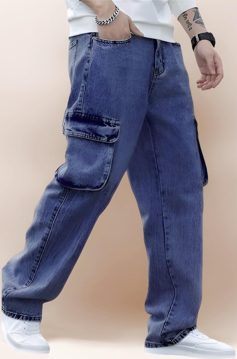 Men's Denim Cotton Cargo Jeans || Stretchable Baggy Fit || High Waist Loose Cargos for Men with Box Pockets || Stylish Gen-Z Streetwear || Sizes 28–40 || Black, Khaki, Grey & More