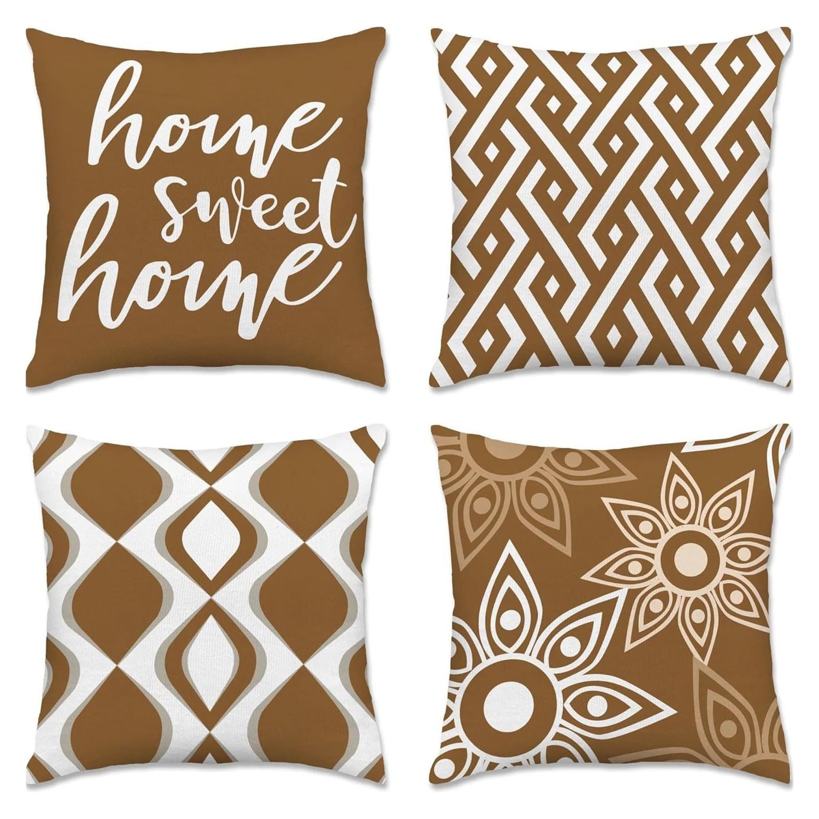 4Pcs Boho Throw Pillow Covers 18x18 Inch, Linen Home Sweet Home Decorative Square Cushion Cases, Farmhouse Modern Neutral Sofa Couch Bed Outdoor Patio Pillow Covers (Terracotta Warm Earth Tone Set)