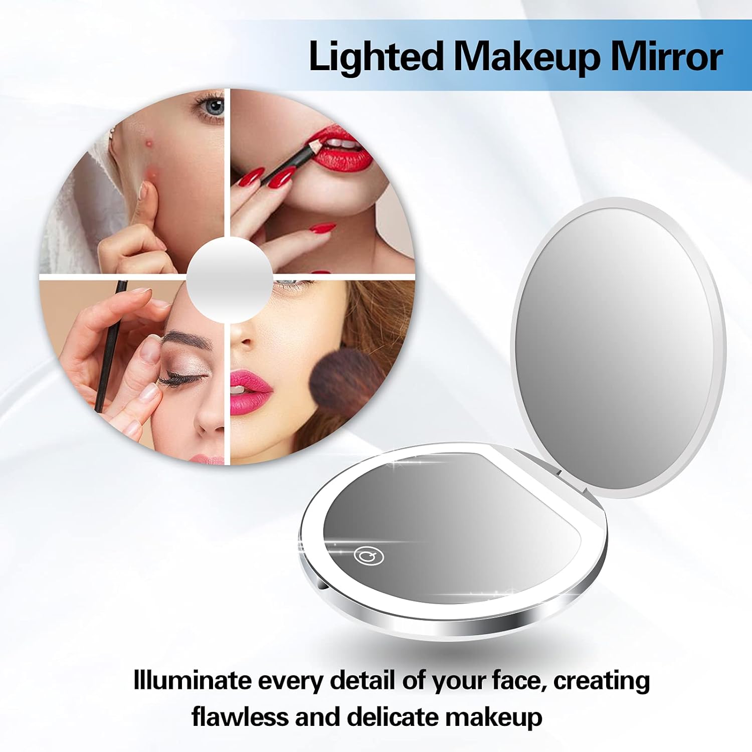 Audingull LED Lighted Compact Mirror 1X/3X Magnification , Rechargeable LED Lighted Makeup Mirror 3 Brightness Touch Dimmable, for Handbag, Purse, Pocket : Beauty & Personal Care