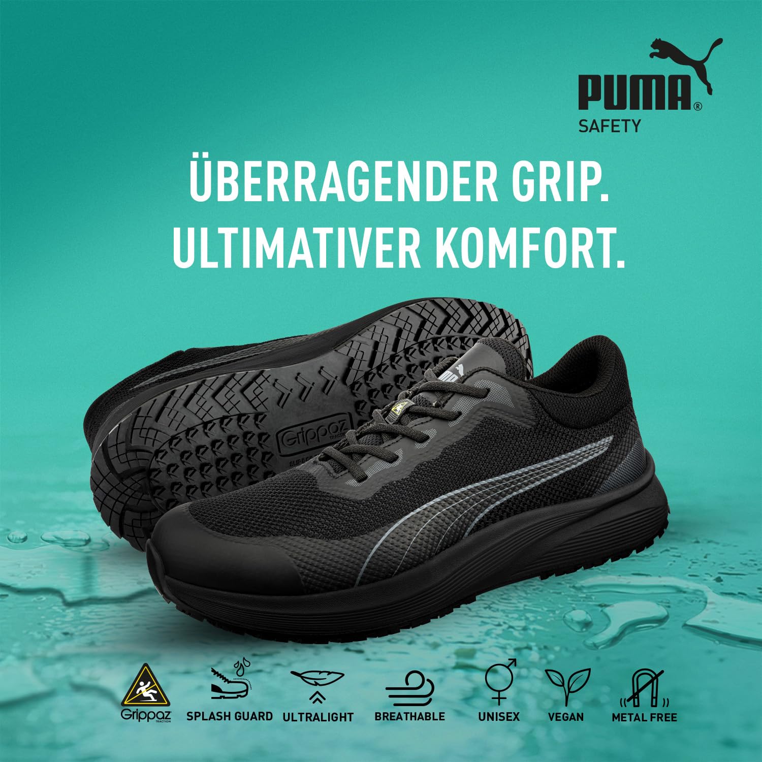 PUMA Safety Spark Rutschhemmende Berufsschuhe – rutschfeste O1 Arbeitsschuhe, metallfrei, sehr leicht – ideal als Kochschuhe & Arbeits- Sneaker - Schwarz