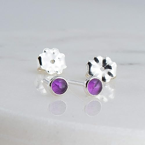 Miniatura 3 de Sterling Silver Tiny Post Stud Piercing Earrings for Cartilage Tragus Helix Multiple Piercing Hypoallergenic Birthstone Jewelry for Women Bezel Set