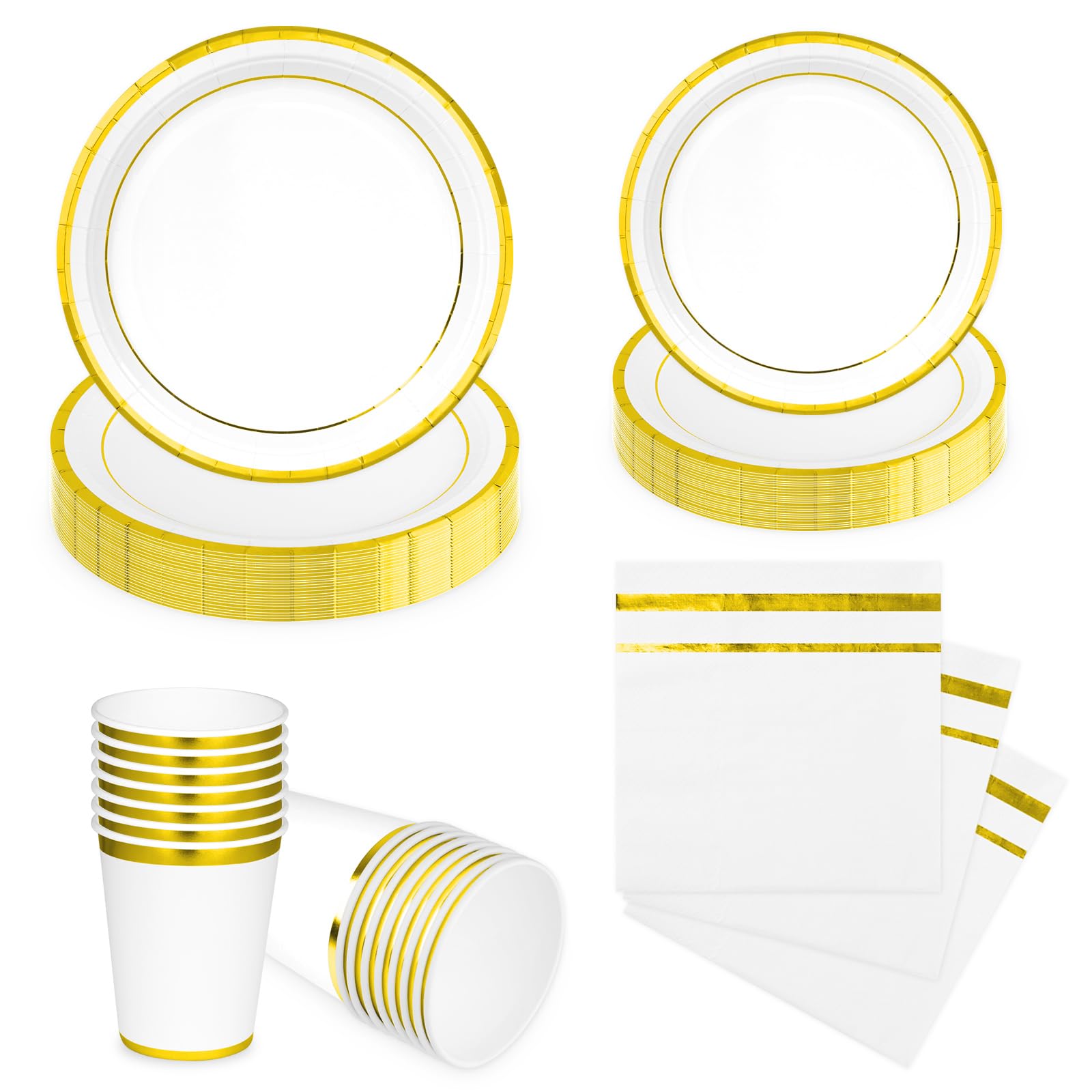 LAWALEISHE 96Pcs Gold Paper Plates, Disposable Party Plates Cups and Napkins, 9" and 7" Strong Picnic Plate, Hot Stamped Party Tableware Set 24 Guests for Birthday Wedding