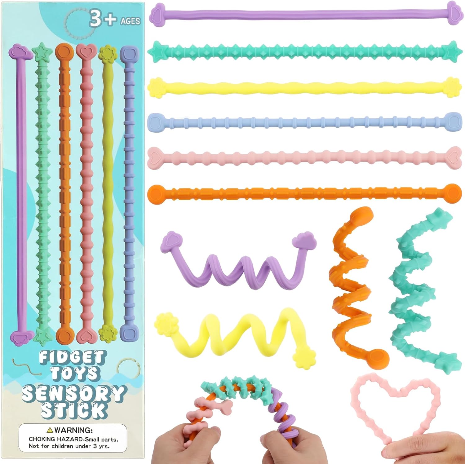 Flexible Fidget Toys for Kids-6 Pack, Textured Calming Sensory Stick for Stress Anxiety Autistic ADHD Anxiety Relief Fidgets Relaxing Toy for Classroom Student Stuffers Gifts for Teens Boys Girls