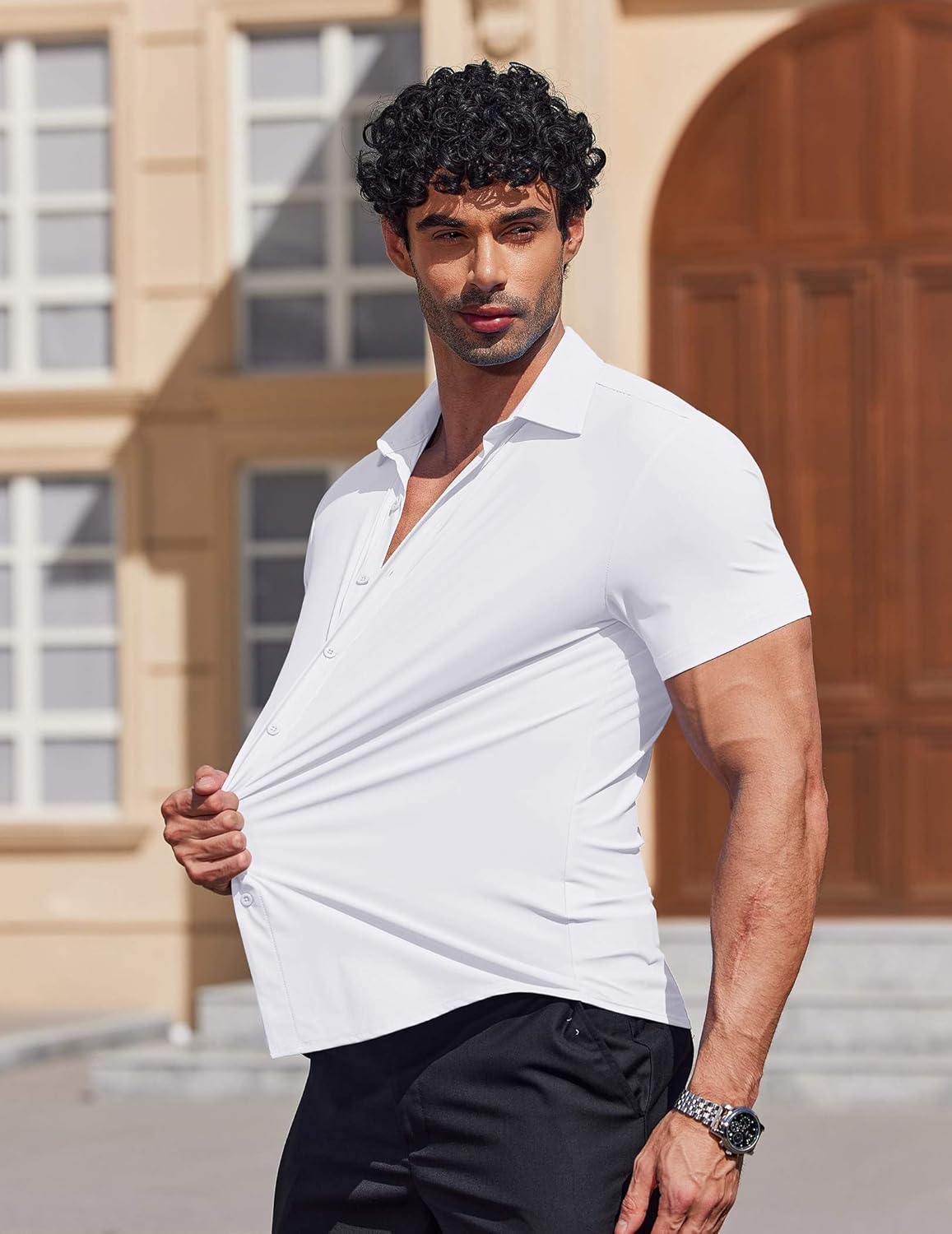 COOFANDY Mens Muscle Fit Dress Shirts Stretch Wrinkle Free Short Sleeve Button Down Shirt Casual Solid Untucked Shirt - Image 4