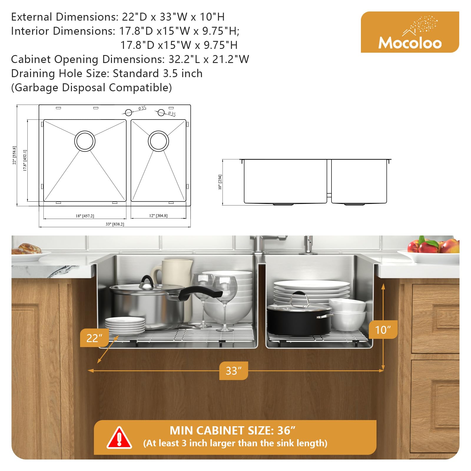 Mocoloo 33 Inch Double Bowl Kitchen Sink - 33 X 22 Drop In 60/40 - View #8