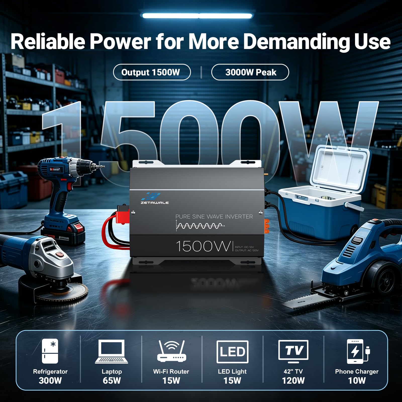 1500 W przetwornica czystej fali sinusoidalnej, przetwornica prądu szczytowego 12 V na 110 V 120 V, falownik szczytowy 3000 W z 4 wyjściami AC, port USB, typ C, wyświetlacz LCD z pilotem