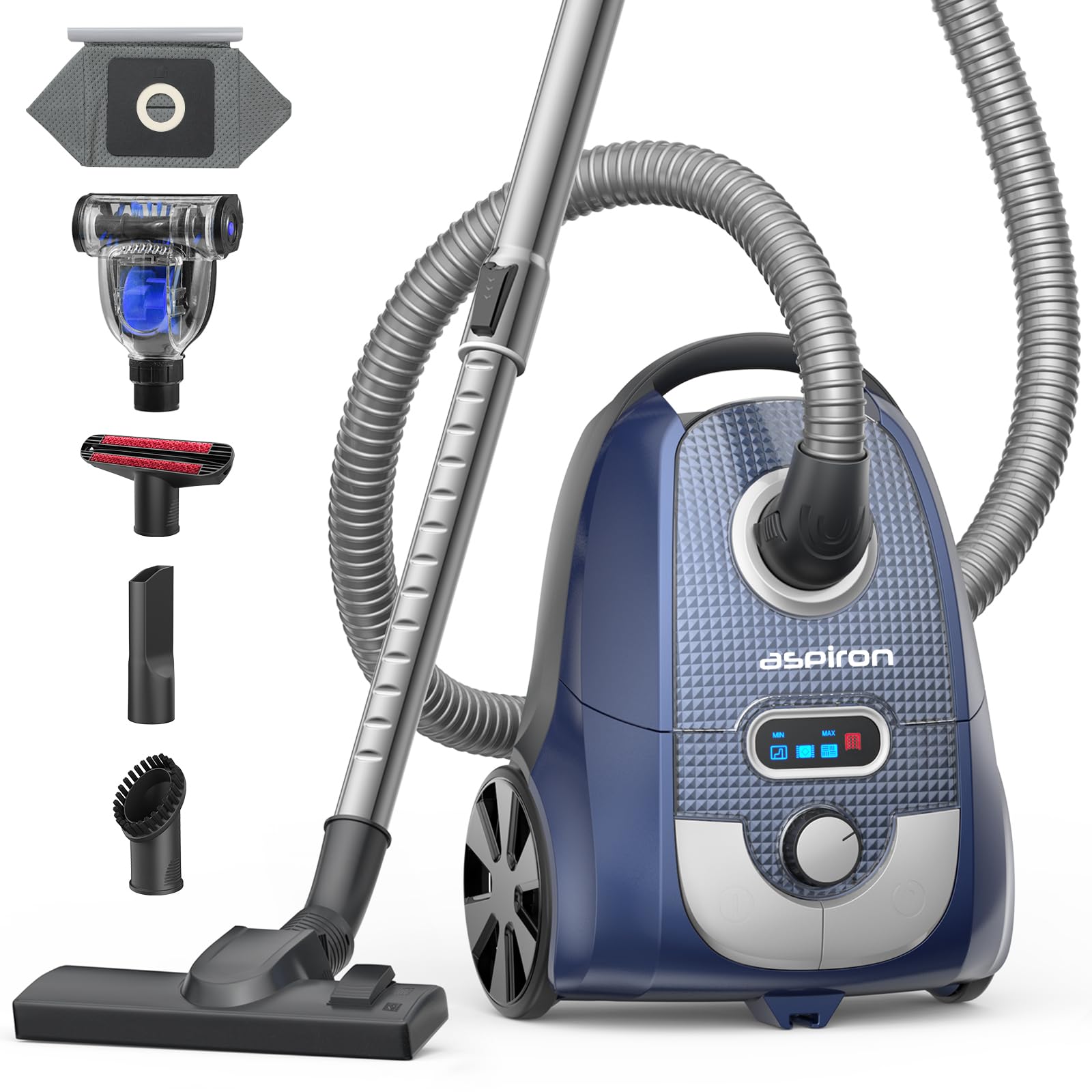 Aspiron Canister Vacuum, 1600W/35KPA Canister Vacuum Cleaner, 4QT Dust Bag, H13 HEPA Filter, 5 Tools, Pet-Friendly,Variable Power Control,for Carpets, Hardwood Floors, Stairs, Pet Hair, Household