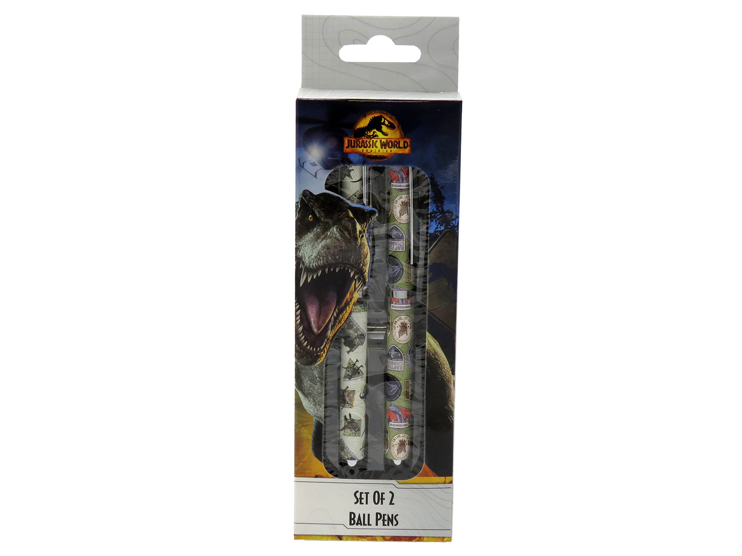 Jurassic World- Set 2 Bolígrafos Infantil y Juvenil, Diseño Jurassic World, para Niños y Niñas, Color Verde y Blanco, Producto oficial (CyP Brands)