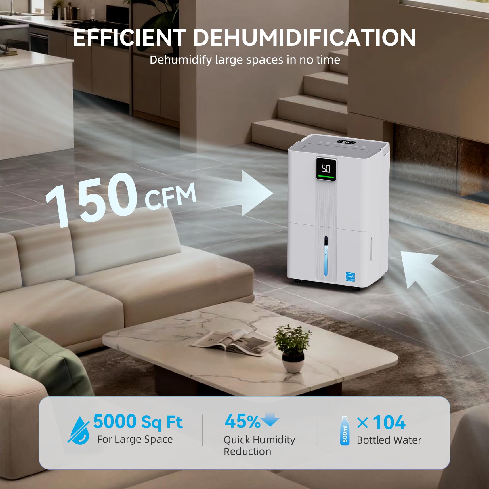 5000 Sq.Ft Most Efficient Energy Star 2025 Wi-Fi Dehumidifier, Max 80 Pints Smart Compressor Dehumidifier for Basement with Drain Hose, Intelligent Humidistat, Five Modes for Bedroom, Home, Bathroom