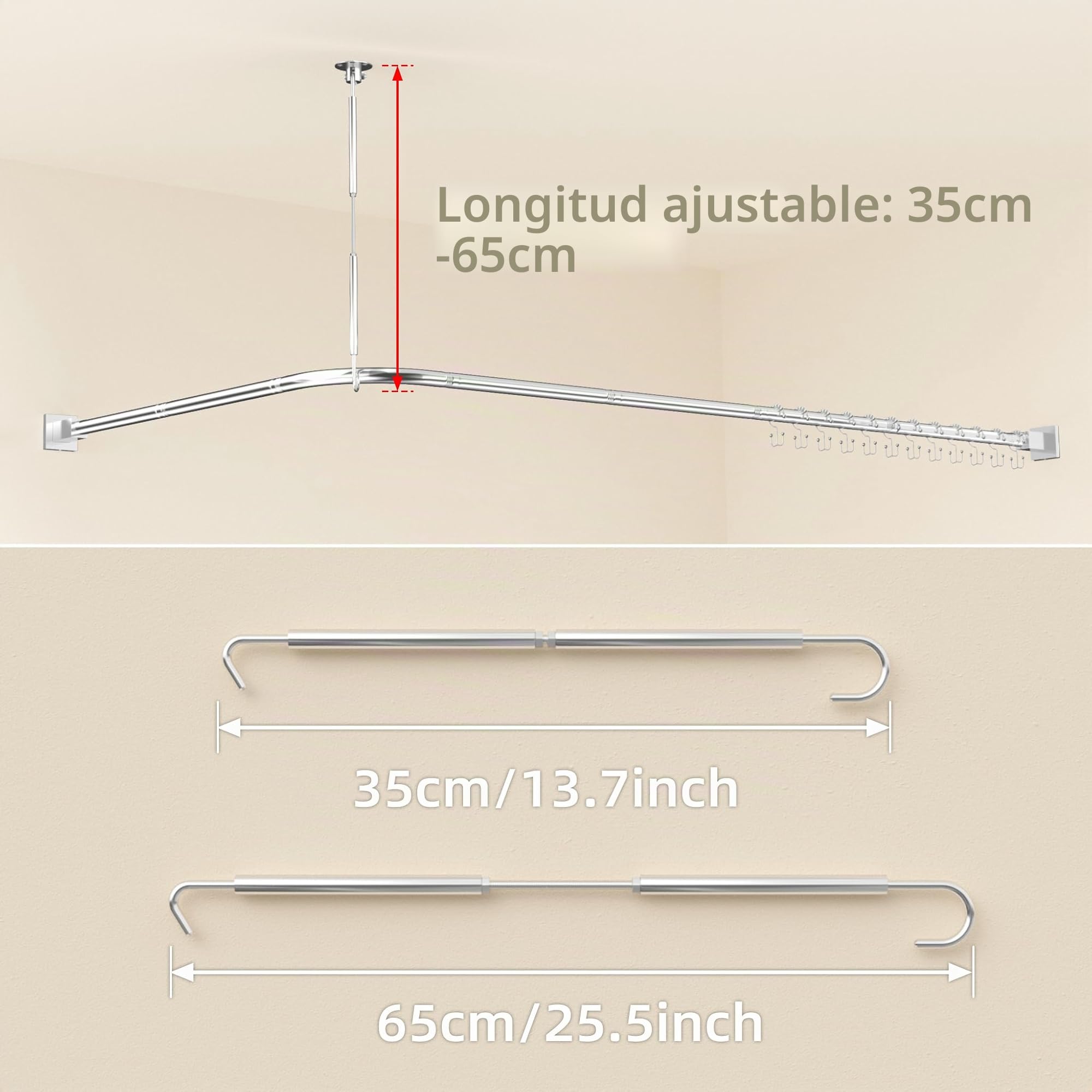 Barra para cortina de ducha en forma de L - Sin perforación - Soporte de esquina - 85 x 175 cm - Para cortina de ducha y bañera - Riel de acero inoxidable 304 - Con 12 anillos