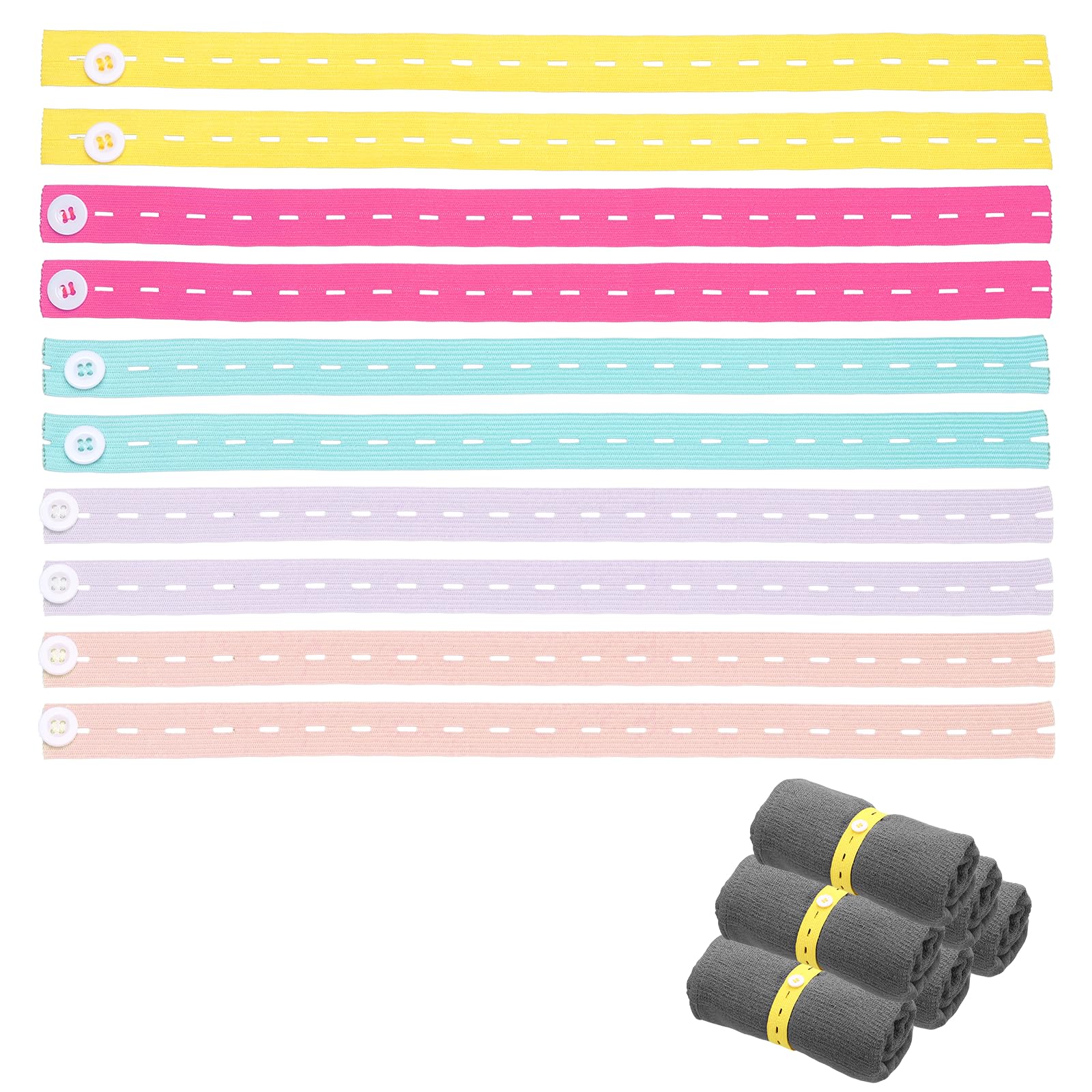 sourcing map 15Pcs Roll-up Clothes Storage Elastic Band, Adjustable Clothing Storage Strap with Button Travel Luggage Space Saver for Drawer Closet Bedsheet Towel Pants, Deep Vibrant Mix