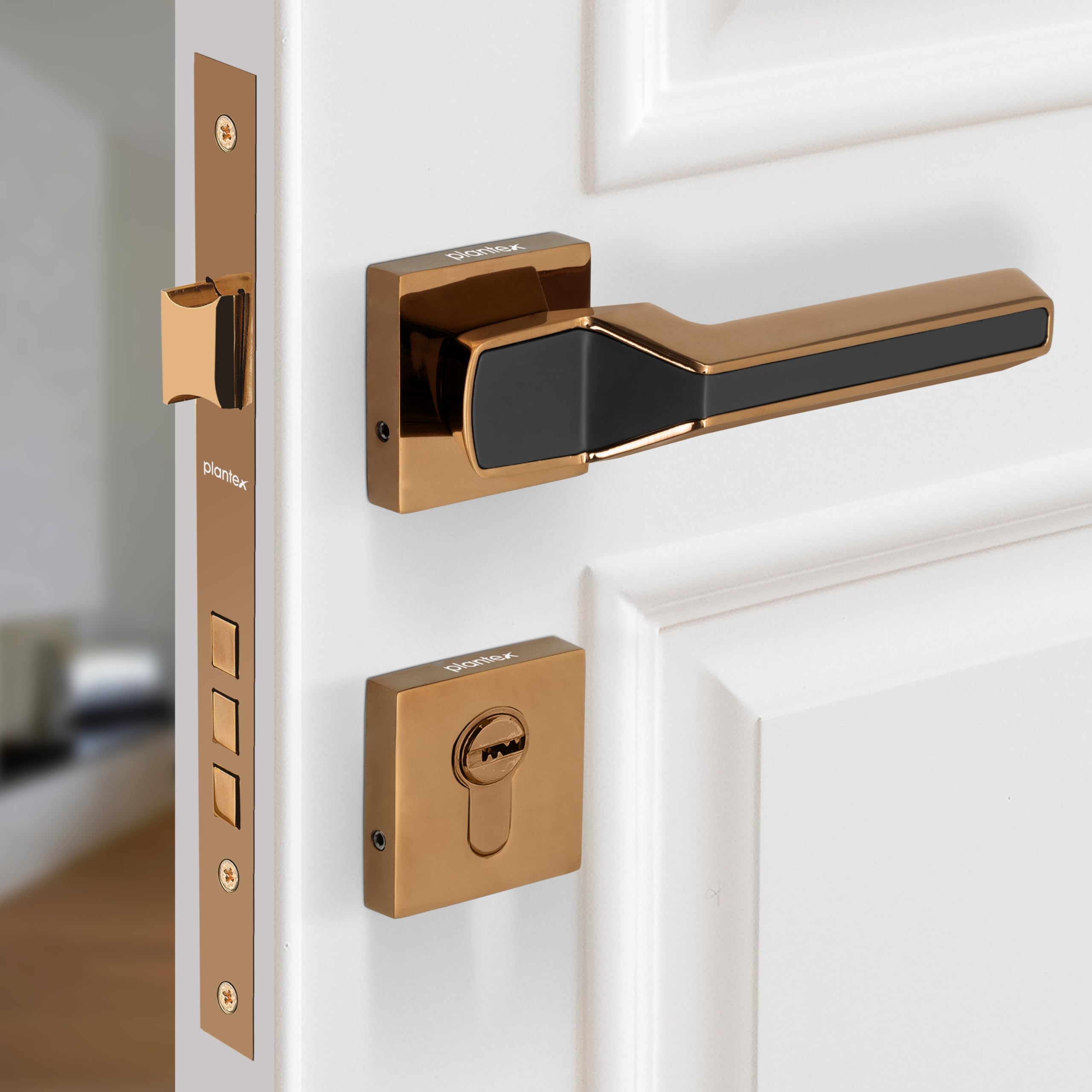 Plantex Mortise Lock - Rose Gold & Black Handle Set -1