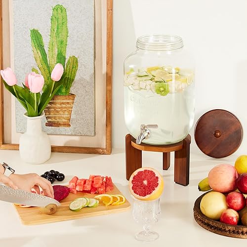 Miniatura 8 de Dispensador de bebidas de vidrio con soporte de madera, dispensador de bebidas de 1 galón para fiestas con espiga de acero inoxidable 188 a prueba
