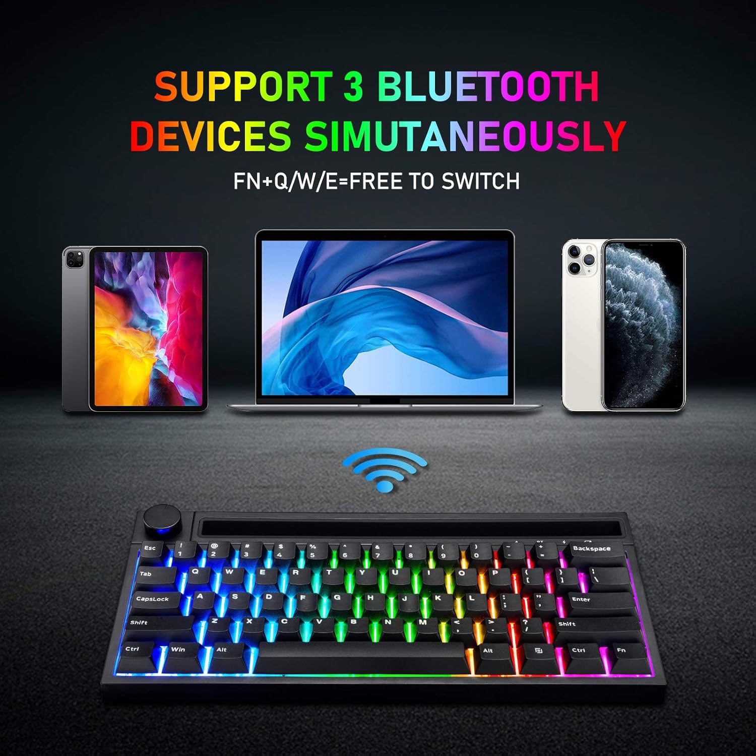 Lіmіtеd Stосk Bluetooth Mechanical Gaming Keyboard with 19 RGB Backlight Mini 61 Key Multimedia Knob Rechargeable 4400mAh Battery Type C Wired/Wireless for PC Mac Mobile Phone Gamer Typist (Black/Pink Switch)