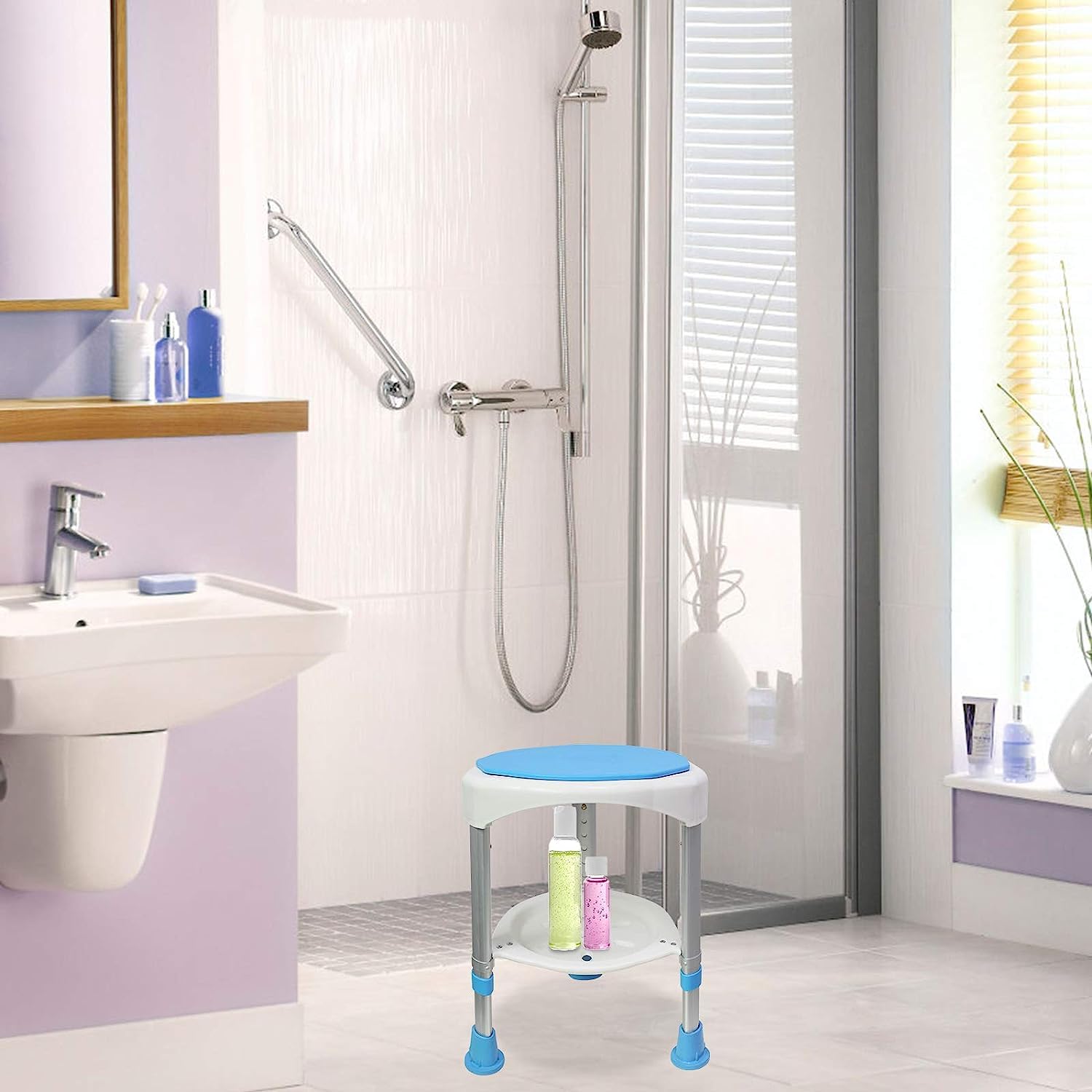 LZQ, sgabello da doccia, 45-57 cm, regolabile in altezza e girevole a 360°, per anziani e donne incinte, ausilio per doccia, antiscivolo, colore: blu