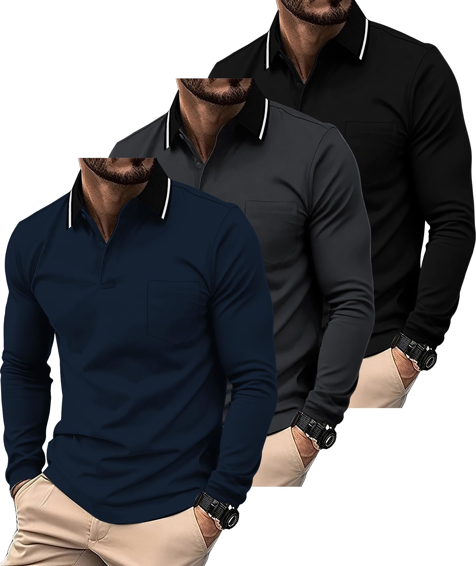 SwissWell 3 Pack Polo Uomo Maniche Lunghe Golf T-Shirt con Taschino Traspirante e Leggera