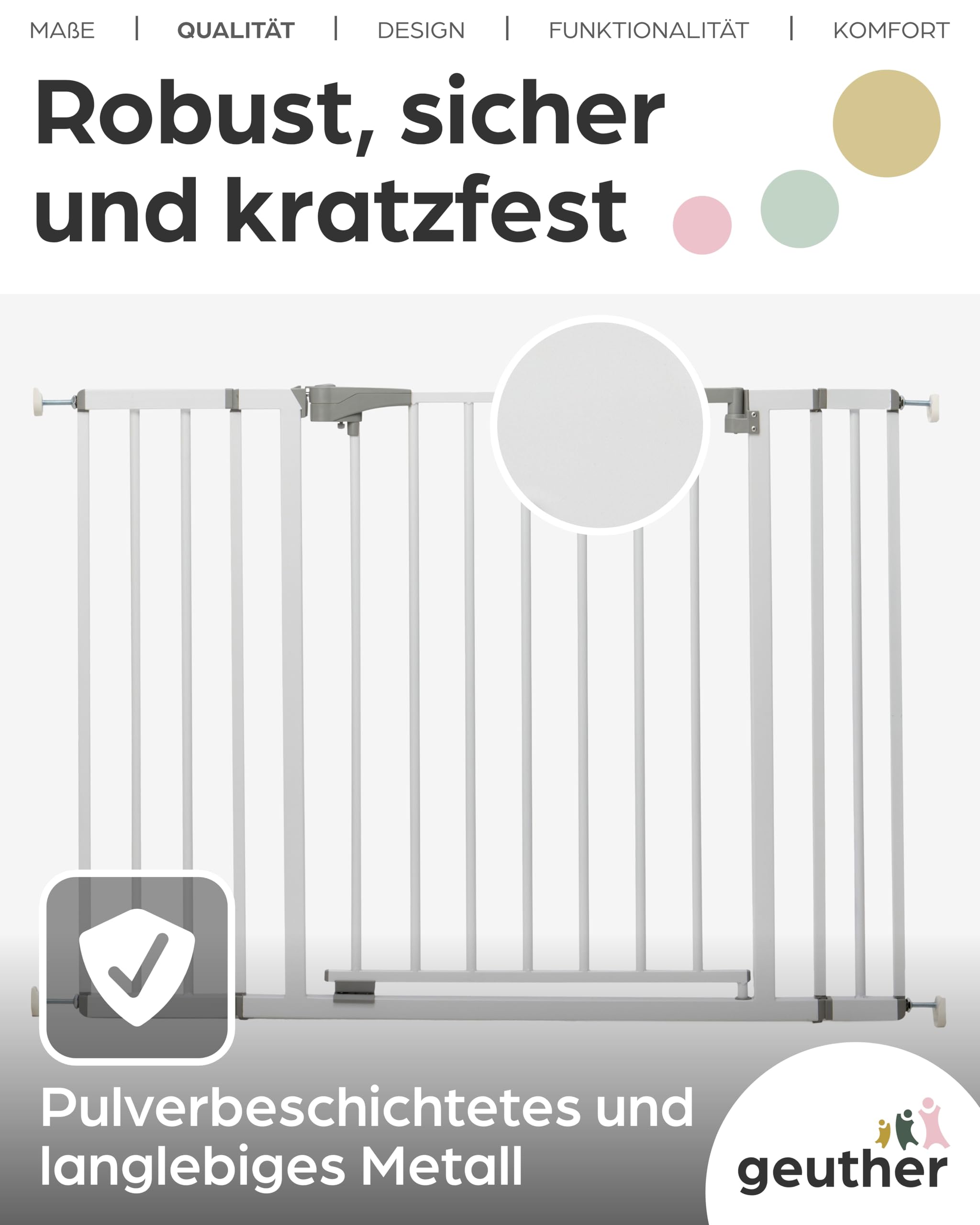 Geuther Türschutzgitter Yanis, 73–81,5 cm Weiß I Treppenschutzgitter ohne Bohren in Metall I Stabiles Babygitter I Sicheres Kinderschutzgitter, Hundegitter Wohnung & Treppengitter zum Klemmen