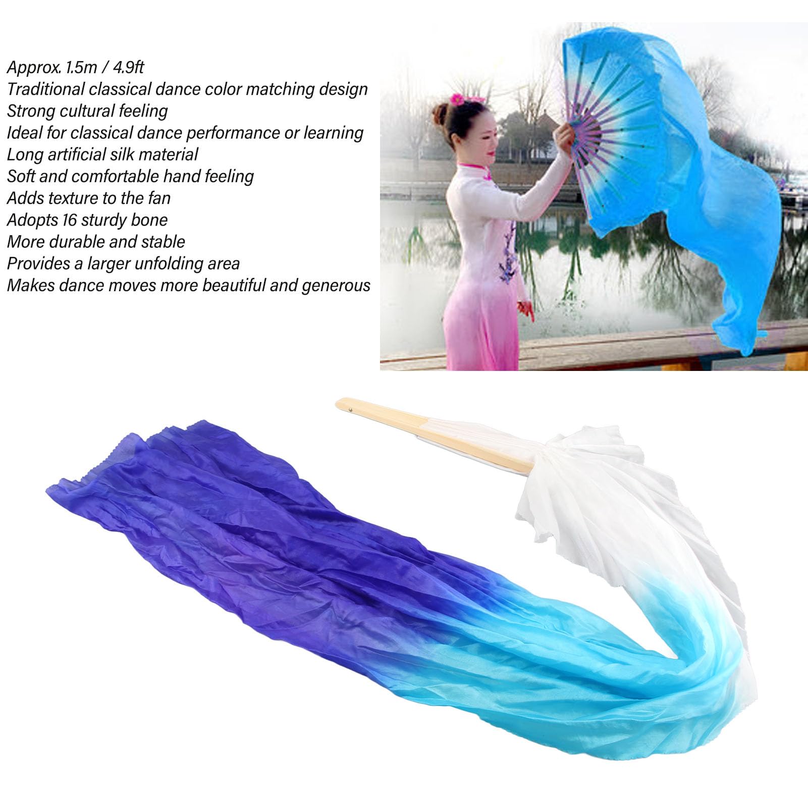 Pwshymi Classical Long Dance Fan Soft Textured 16 Bone Design 1 Pair, 1.5m Easy Viewing with Traditional Color Matching, for Belly Dance Performance Learning (Lake Blue and Royal Blue)