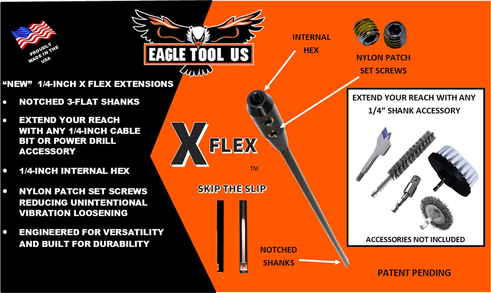 Eagle Tool US ETHX25018 X Flex Flex Drill Bit Extension, 1/4" Shank by 45,7 cm, con adattatore esagonale 1/4" Made in USA