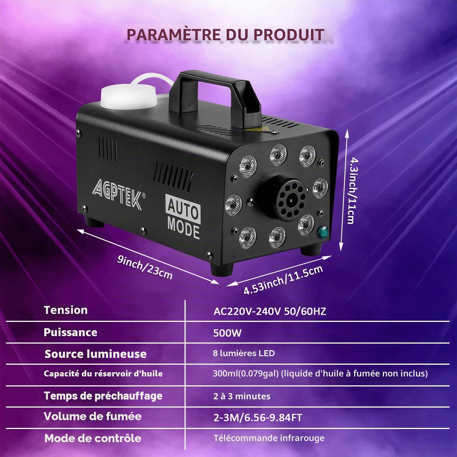 Machine à fumée avec télécommande sans fil & LED lumière couleur activée, facilement transportable et resistante. Idéal pour Halloween, Noël, mariages, spectacles sur scène etc