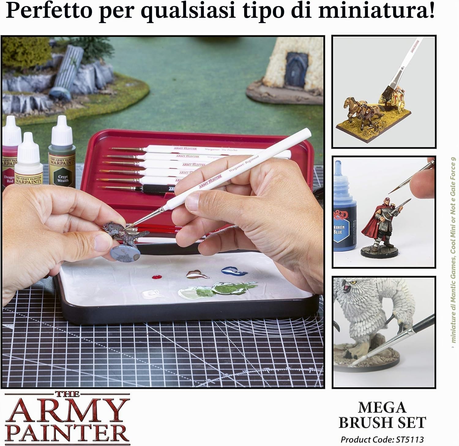 The Army Painter | Mega Brush Set | 10 pennelli in setole sintetiche e zibellino | Pennello Kolinsky Gratis | Accessori per pittura di miniature