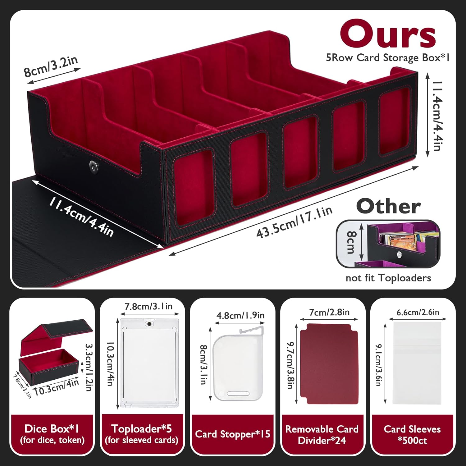 5-Row Trading Card Storage Box for Top Loaders, 3900+Card Deck Case with Portable Handle & Commander Display, 500 Sleeves, 5 Toploaders, 15 Stoppers, 24 Dividers, 1 Dice Tray, for MTG/TCG Magic Cards