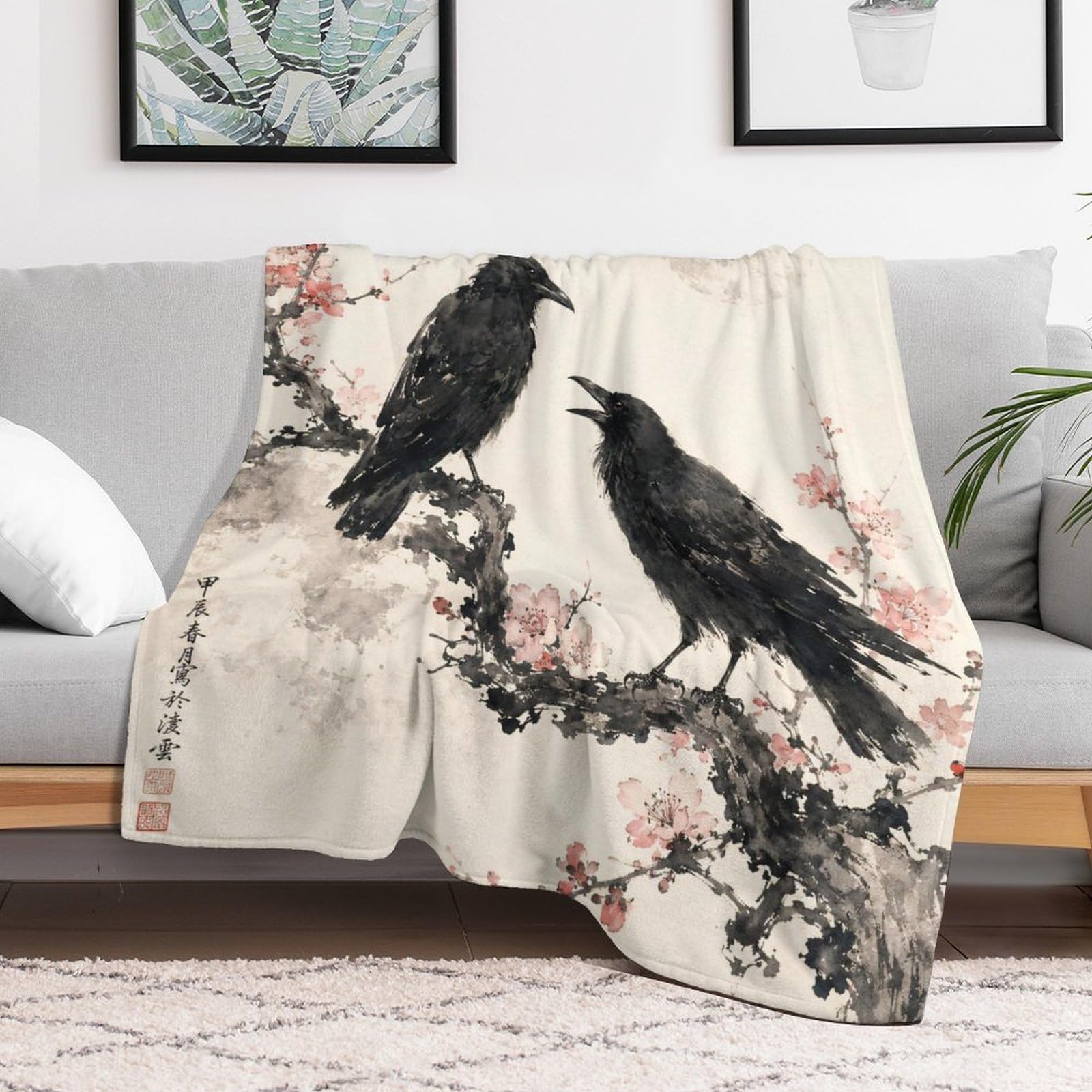 Pareja de cuervos con luna Manta Manta TV Calida Polar Sofa Dormitorio | manta sofa suave con Lavado de tinta y Grabado en madera japonés, para sofa, cama, 175x200cm(70x80in)