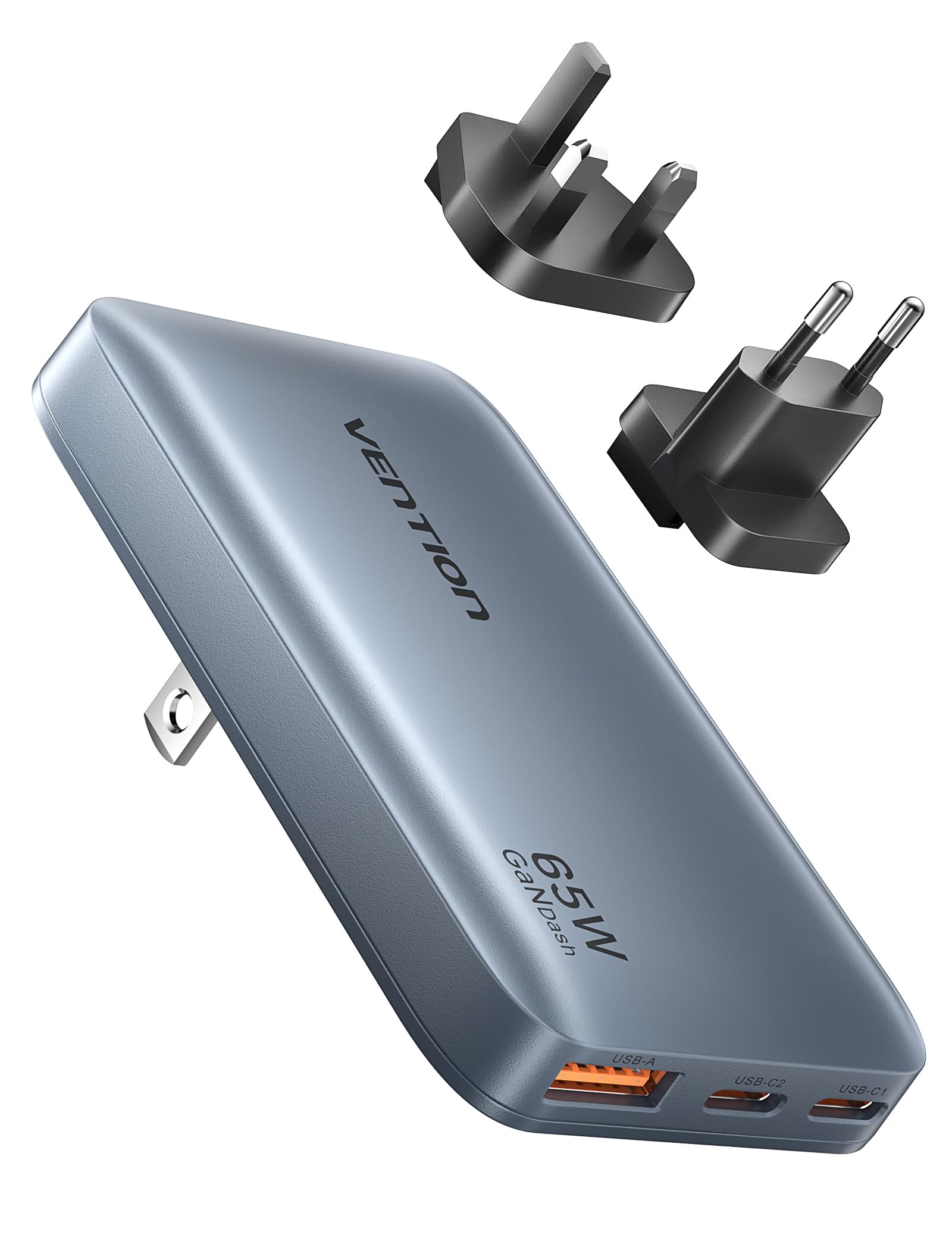 VENTION Caricatore USB C da 65 W, alimentatore GaN, 3 porte, ultra sottile, con spina EU/UK/US, caricatore da viaggio internazionale compatibile con MacBook, iPad, iPhone 16/15/14, Galaxy S25/S24