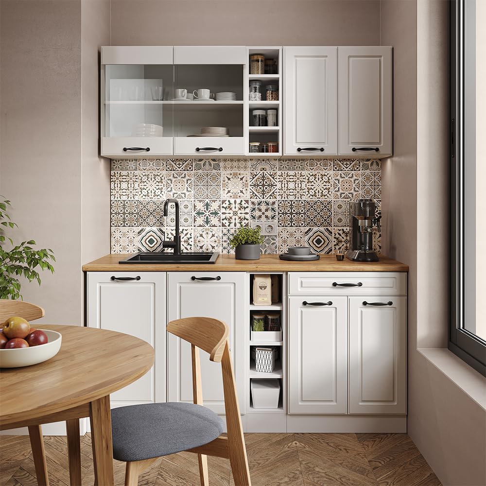 Vicco Singleküche R-Line, Weiß Landhaus/Weiß, 160 cm, AP Eiche, mit Flexibler Anordnung der Module und erweiterbar