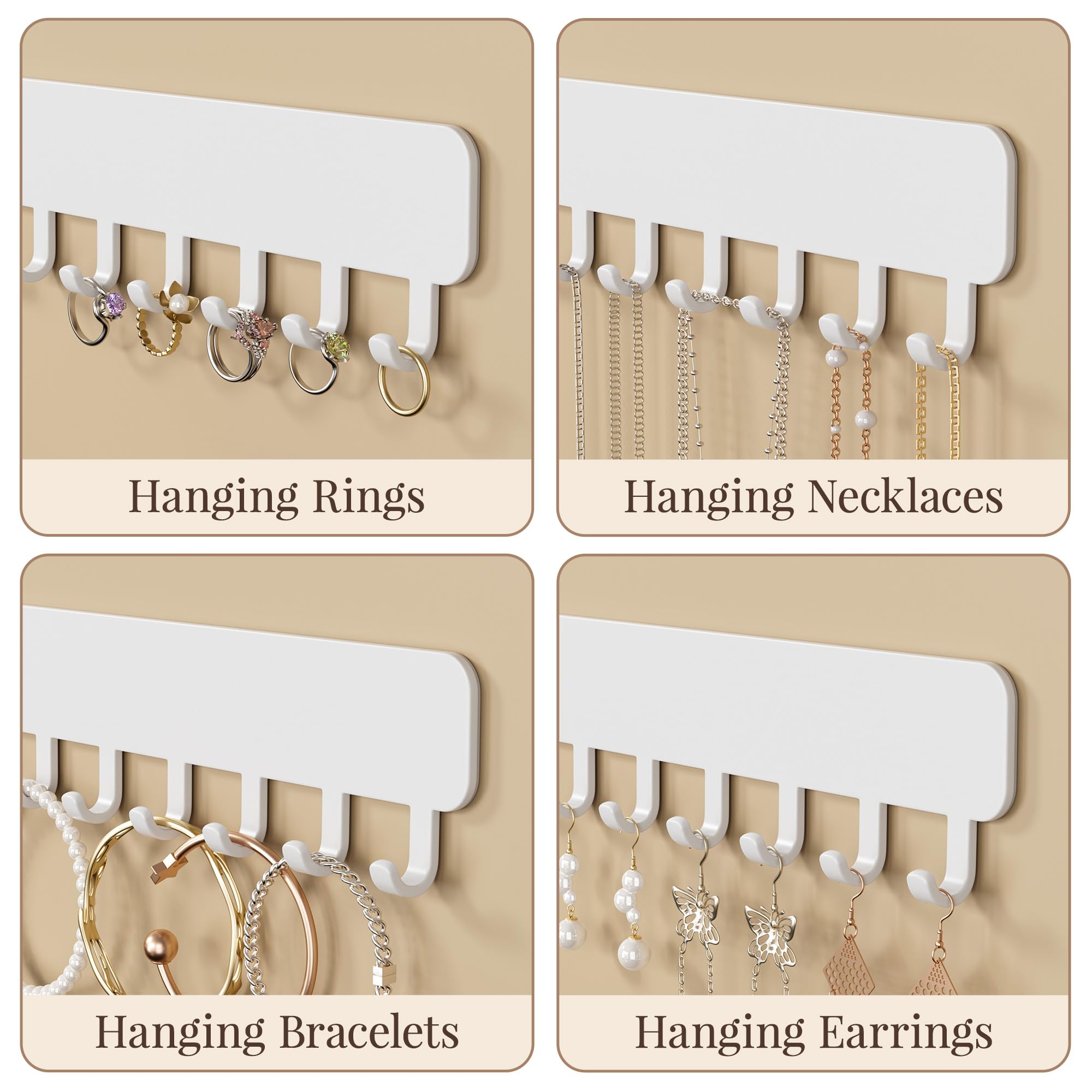 Josmimic Organizador de joyas para colgar en la pared, autoadhesivo, con ganchos para collares, pulseras, pendientes, solución de exhibición y almacenamiento para mujeres, 2 unidades, color blanco — view 3