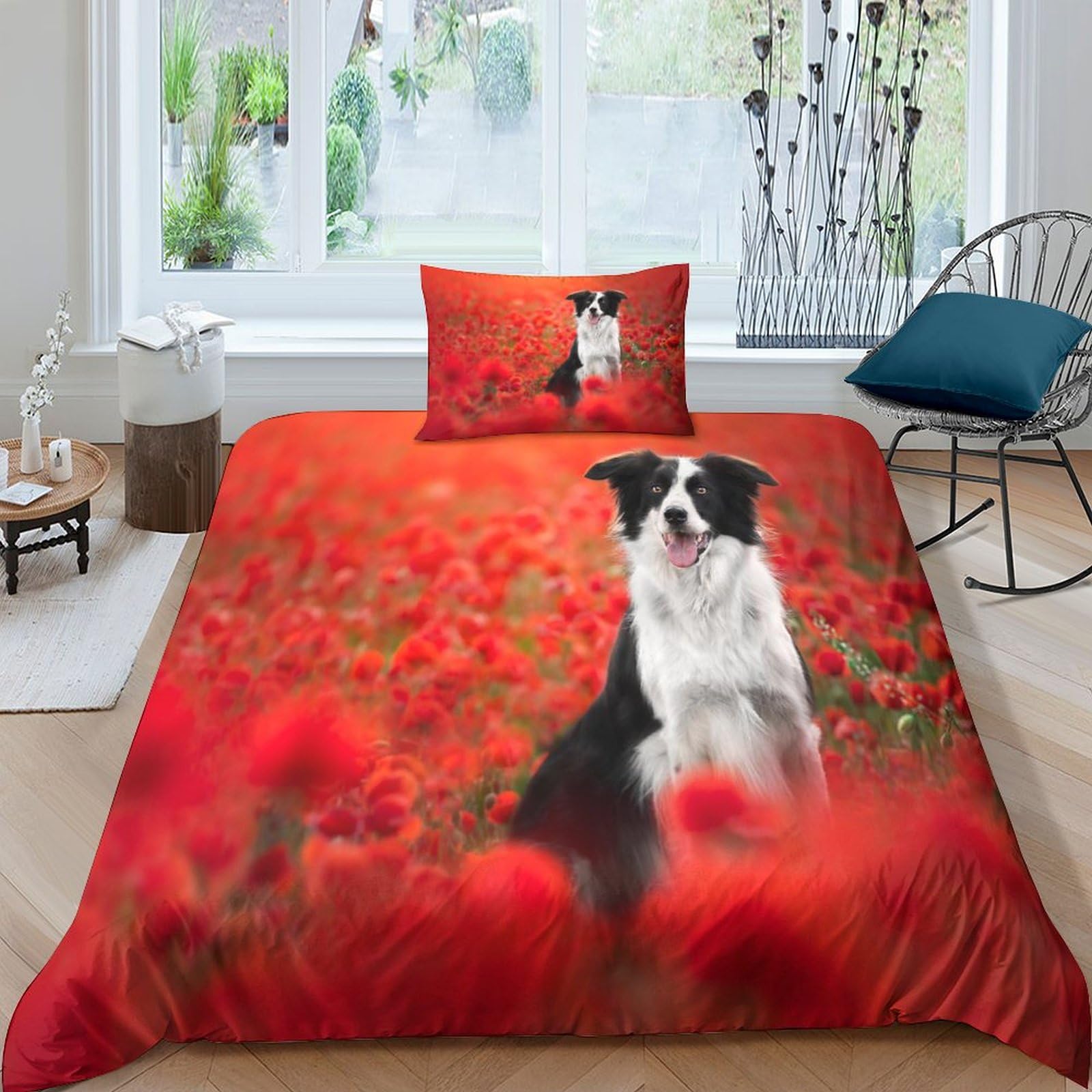 Housse de couette chien mignon 135x200cm parure de lit 3 pièces rose