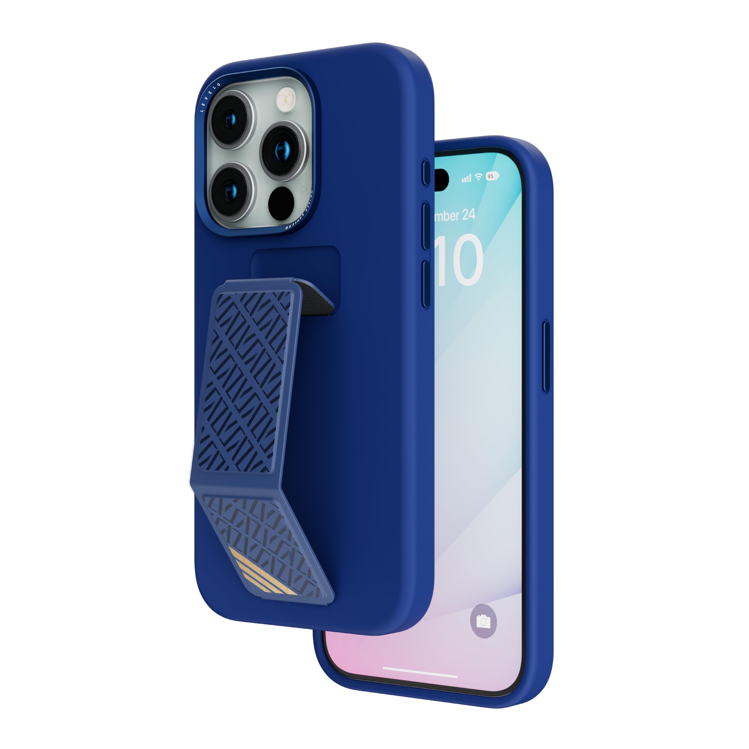 Levelo Morphix Silicone Case with Leather Grip, Metal Camera Ring, Multi-Functional Kickstand, Impact-Resistant Corners, Hybrid Case, Easy Installation (Deep Blue, iphone 15 Pro)