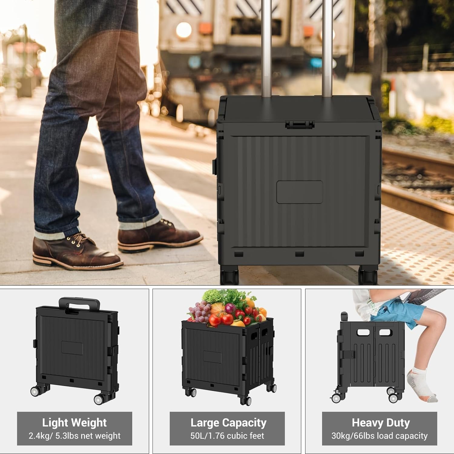 Carrito de la compra de 4 ruedas con rotación de 360° y mango telescópico, carrito plegable ideal para camping, compras, viajes y aventuras al aire libre