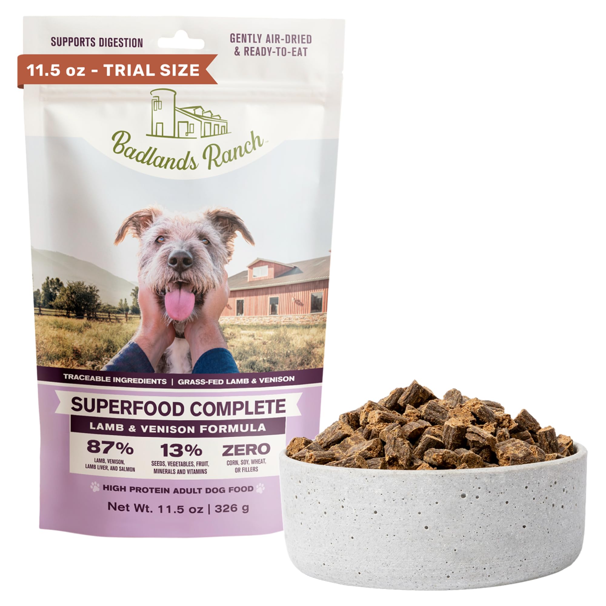 BADLANDS RANCH Air-Dried Lamb &amp; Venison Dog Food, 87% Meat, 11.5 oz