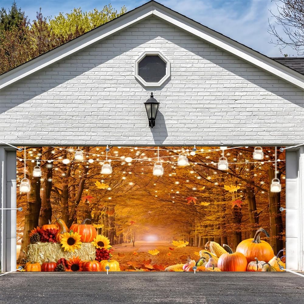 XMJJKUF Fall Garage Door Covers Banner Background 16x7ft Thanksgiving Autumn Pumpkin Maple Leaves Large Garage Door Cover Forest Outdoor Fall Party