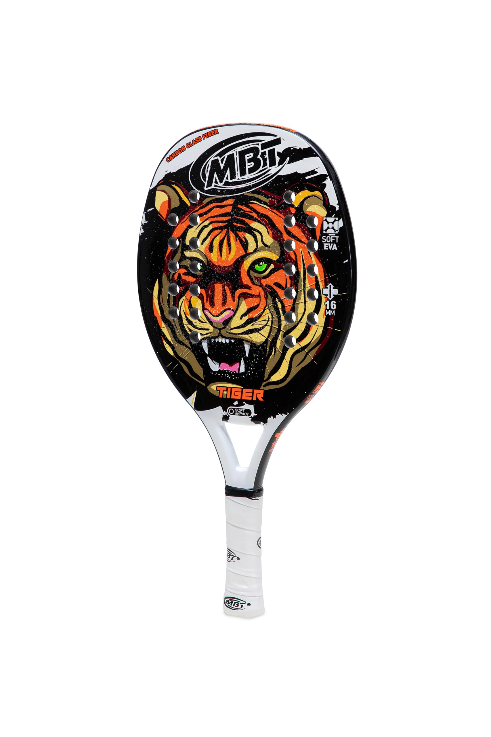 MBT JUNIOR FUN TIGER, Racchetta Beach Tennis carbonio e fibra di vetro - Superficie ruvida - Eva Soft – Leggera e Bilanciata – Profilo 16 mm