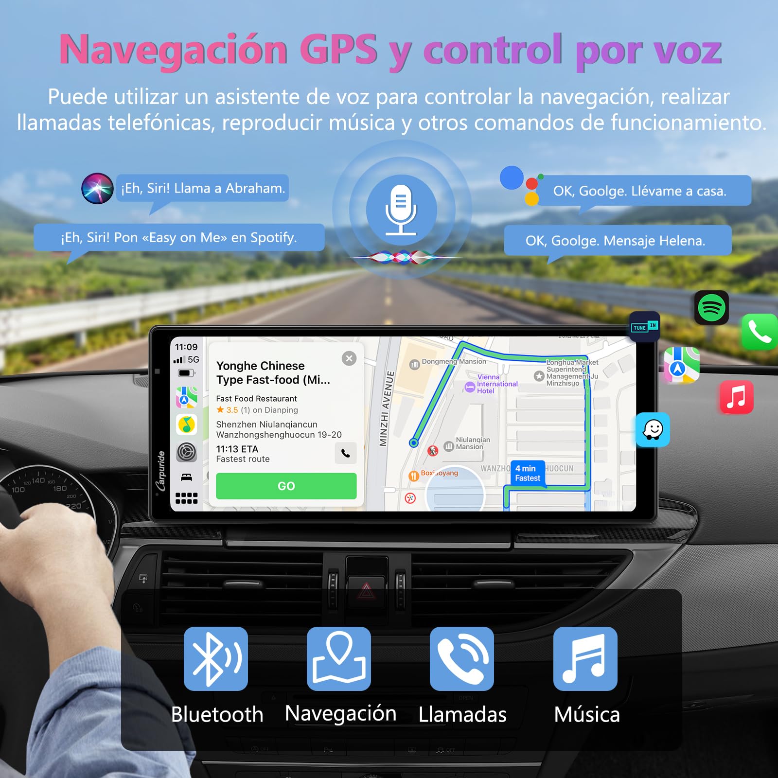 Carpuride W903 Carplay y Android Auto inalámbricos Portátiles con Cámara para Salpicadero 4K - Pantalla IPS HD de 9,3", Grabación en Bucle, Bluetooth, Mirror Link, GPS, Siri, Montaje en Salpicadero