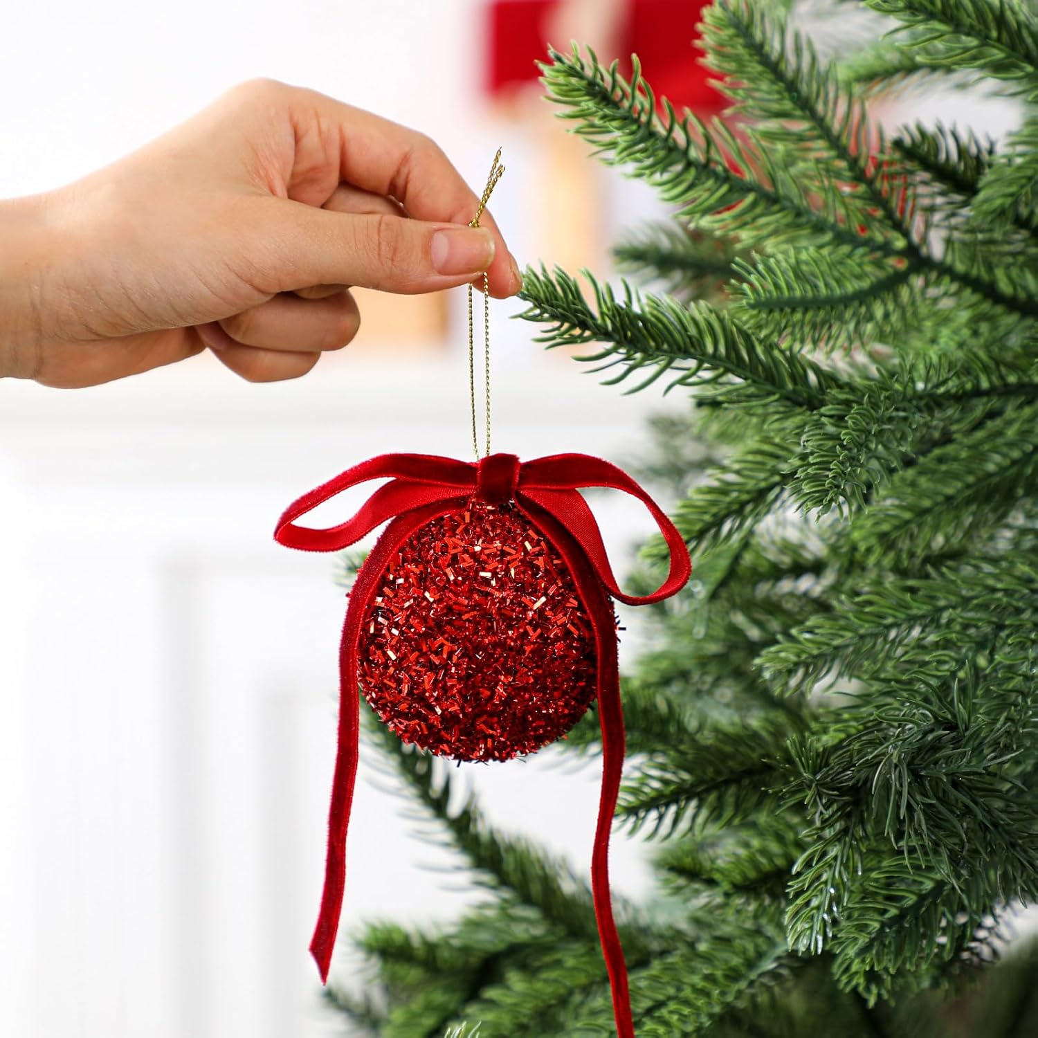 Wesiti 24 Sets 2.6 Inch Red Glitter Christmas Ball Ornament Set 24 Sparkly Shatterproof Tinsel Ball Ornament with 24 Bow Sequin Hanging Xmas Tree Decoration Indoor Outdoor for Xmas Wedding Decor