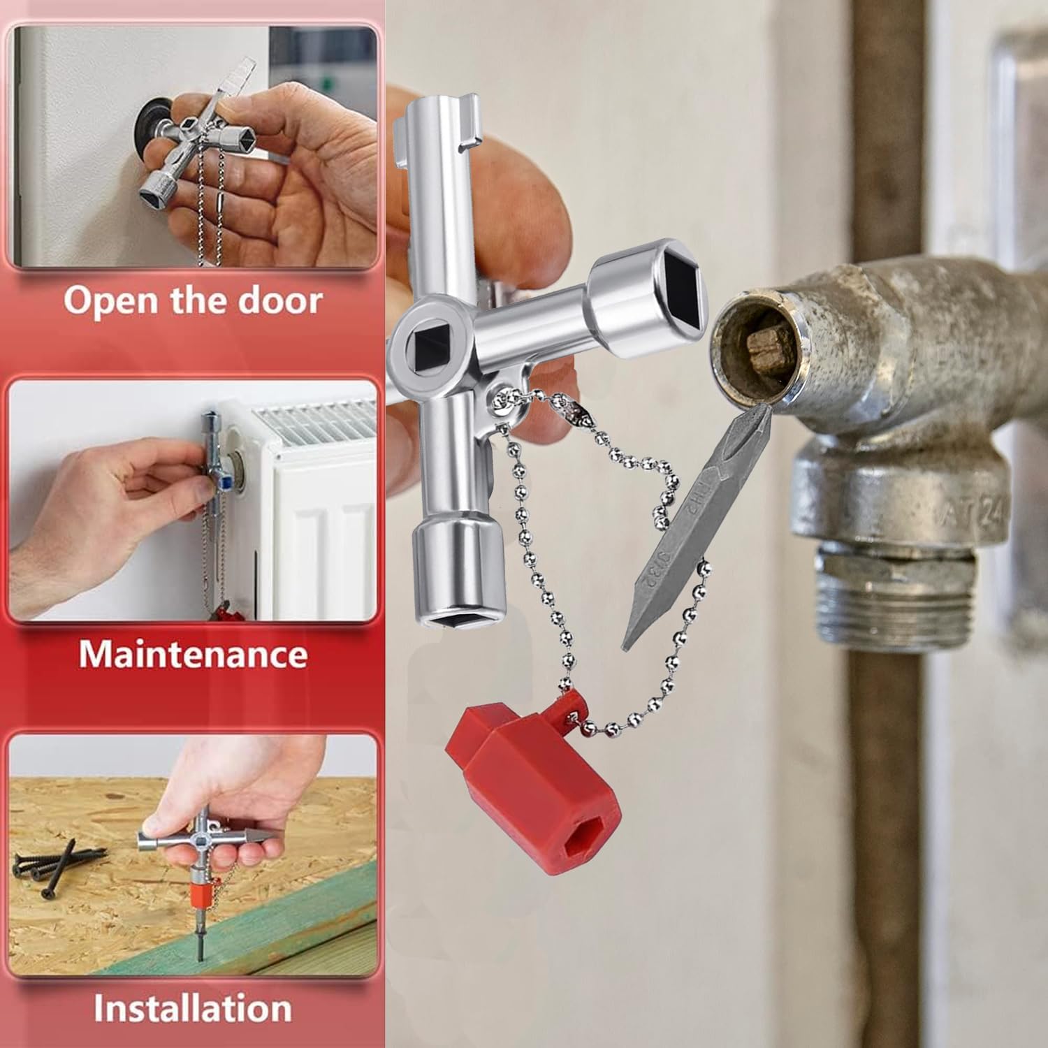 VidFair 4 Way Utility Key Multifunctionele Zinklegering Driehoek/Vierkante Universele Cross Driehoek Radiator Ontluchtingssleutel voor Trein Lift Spigots Kraan Gas Meter Klep Kast Klep Opening Tool