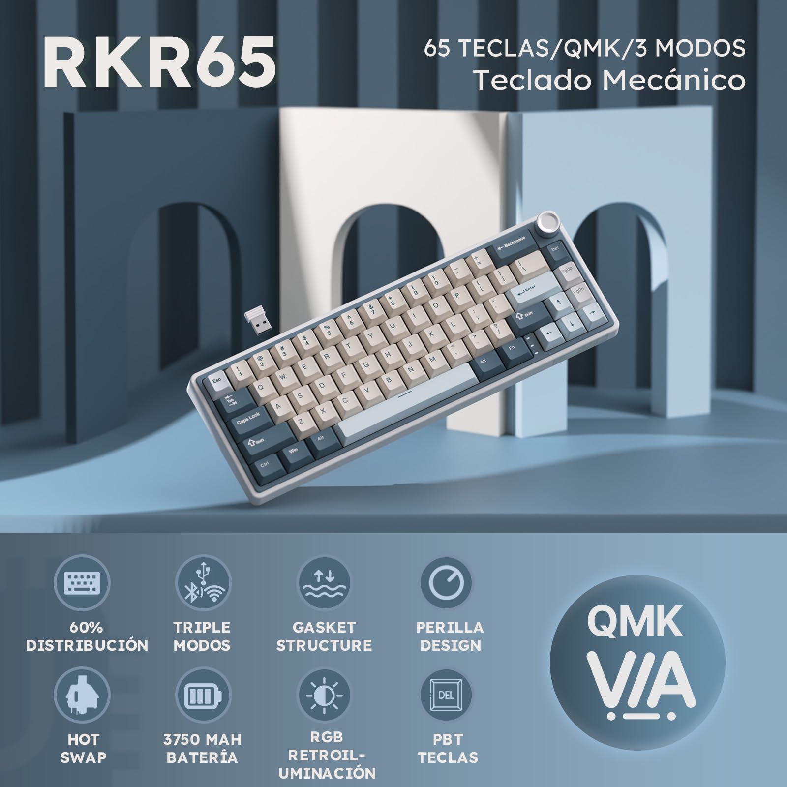 RK ROYAL KLUDGE R65 Teclado Mecánico Inalámbrico, 60% Gasket Bluetooth/2.4G/USB-C, Layout US Teclado con 66 Teclas, Teclas PBT, Knob Control, Hot-Swap, Compatible con Via (Interruptor Cremas, Azul)