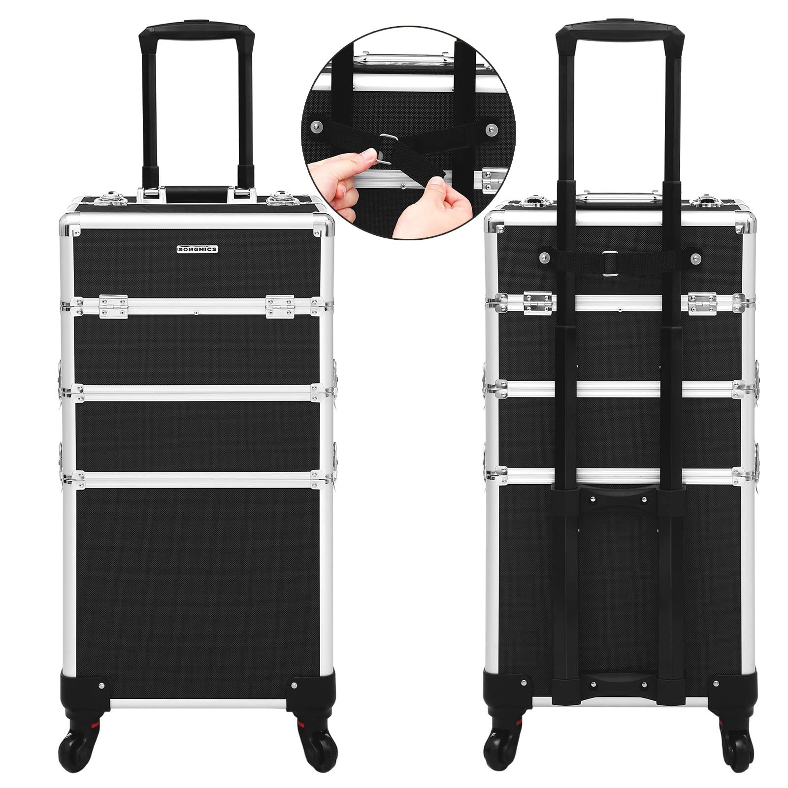 SONGMICS Maleta de Maquillaje Profesional, Maletín para Cosméticos 3 en 1, Extra Grande, Maletín de Peluquería, 35 x 25 x 69,8 cm, Con Cerradura, Ruedas 360°, para Viaje, Regalo Ideal, Negro JHZ01B