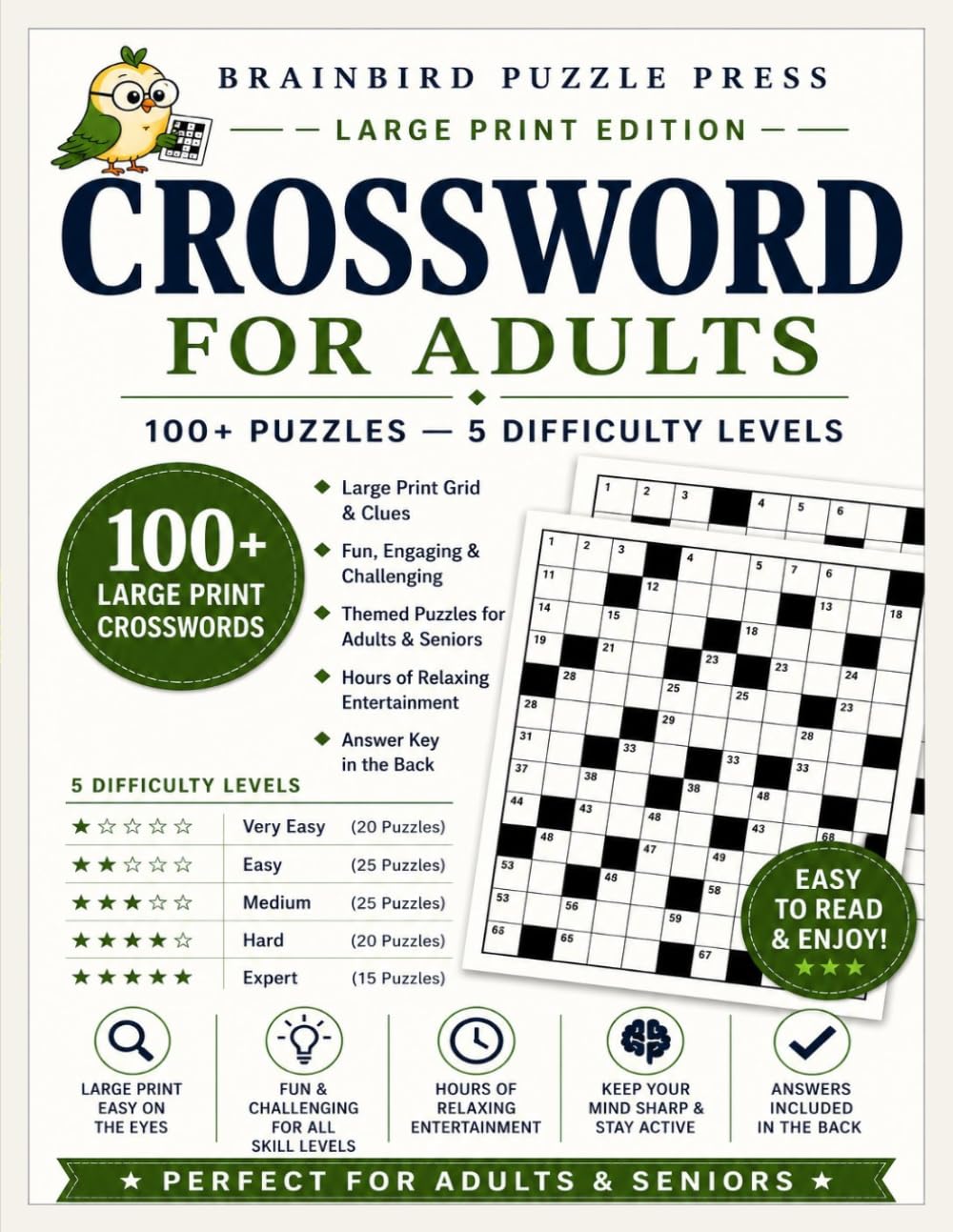 Crossword for Adults: 100+ Puzzles, 5 Difficulty Levels, Large Print: Themed Crossword Puzzle Book for Adults and Seniors — Very Easy to Expert