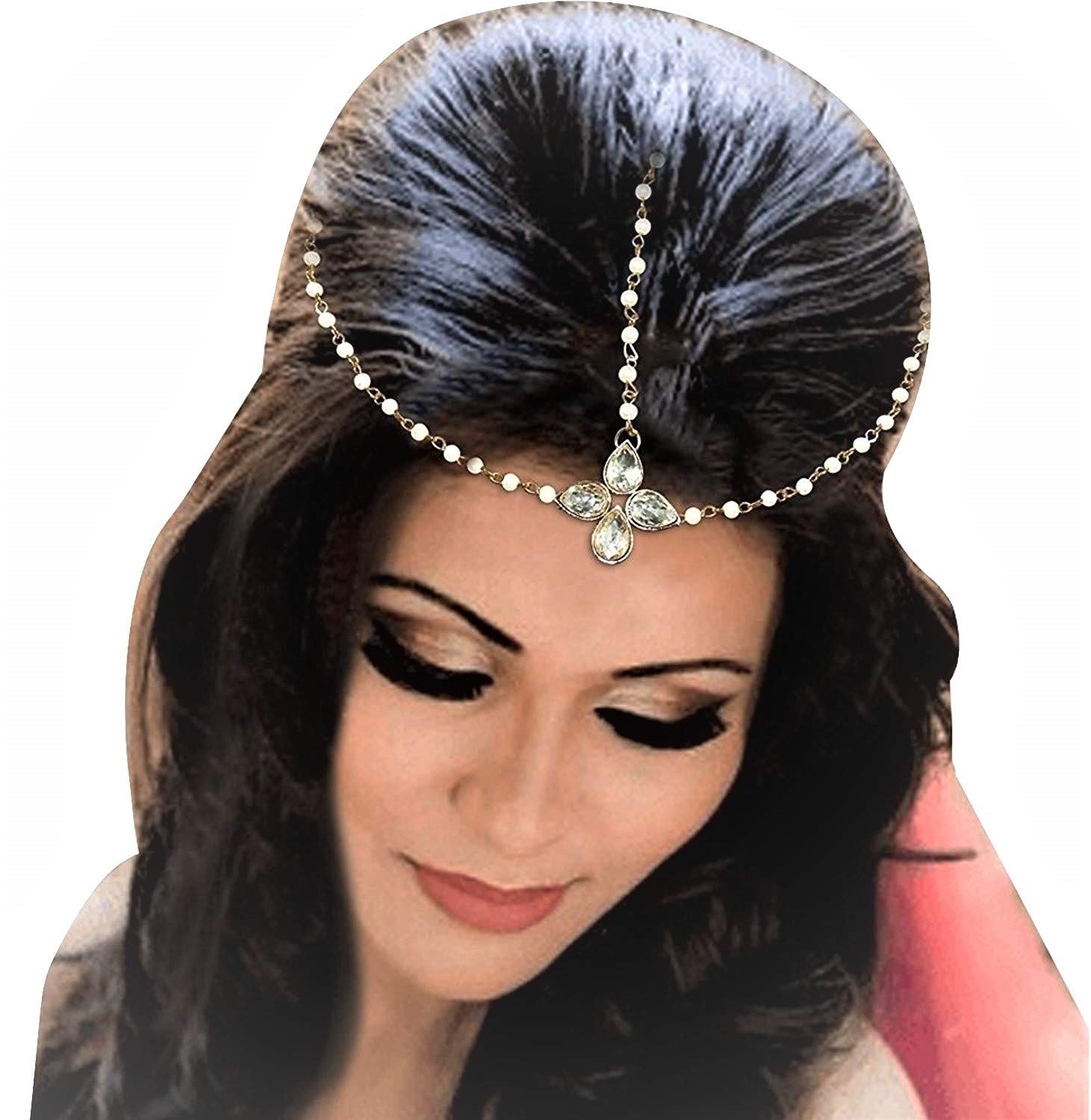 AmaalHair Jewellery Traditional Bridal Wedding Gold Pearl Chain Mathapatti Necklace Maang Tikka Jewellery Set For women girls - Maang Tikka-A7101