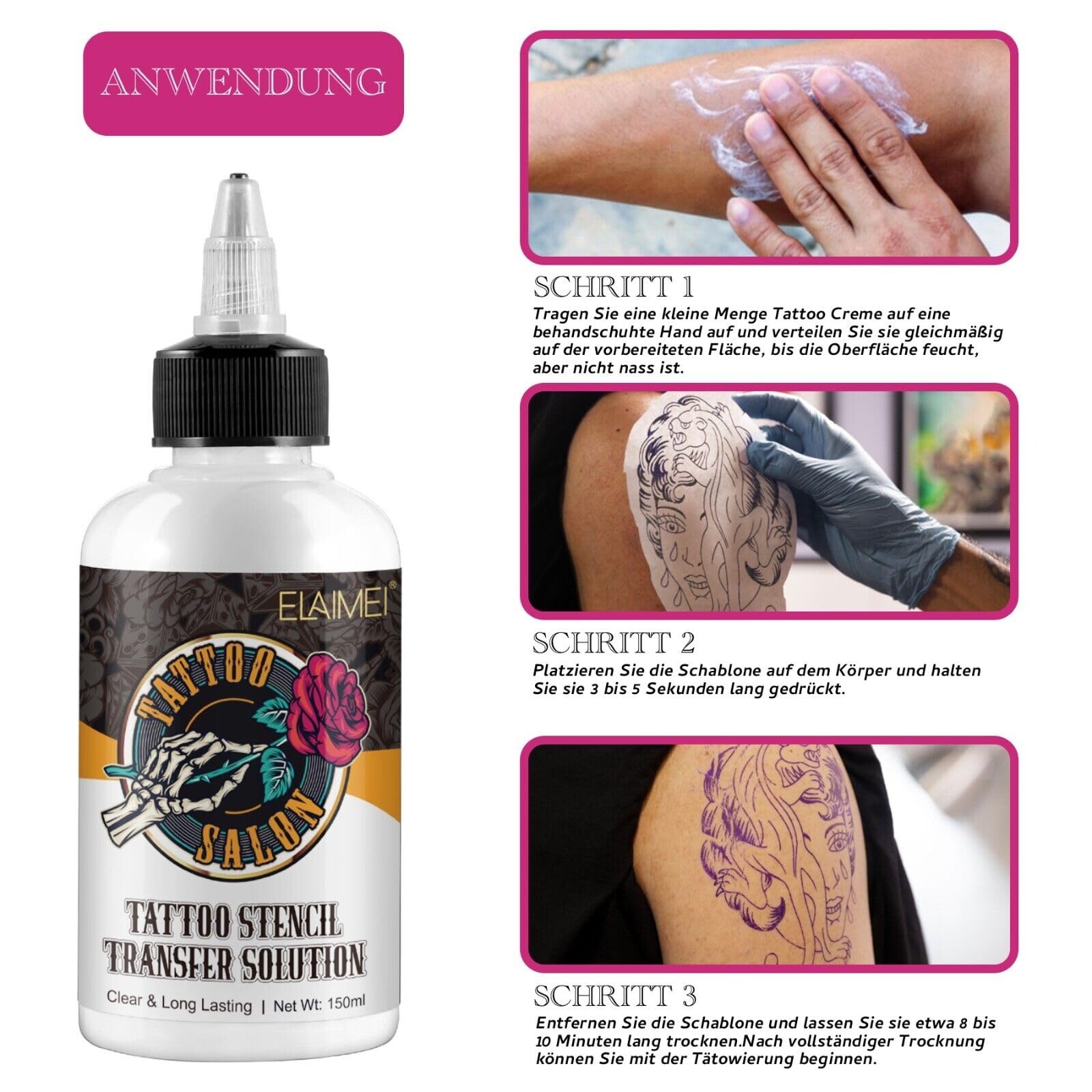 P-Beauty 3 x żel transferowy do tatuażu, krem transferowy 150 ml – przezroczyste szablony żelowe – rozwiązanie do przenoszenia tatuażu – krem do szablonów do tatuażu – akcesoria do tatuażu – akcesoria