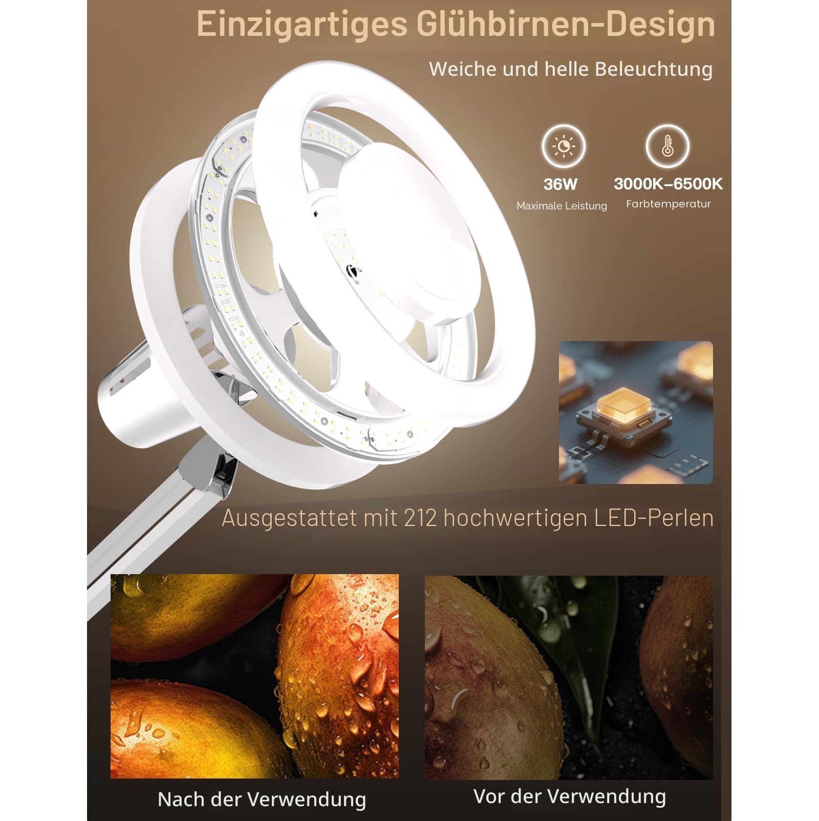 LED Stehleuchte, 36W Stufenloses Dimmen 3000K–6500K frei Drehbares Fotolicht, Interne Verkabelung Fülllicht mit Fernbedienung & Stabiler Basis mit 177cm Ständer für Live-Streaming/Lesen/Basteln