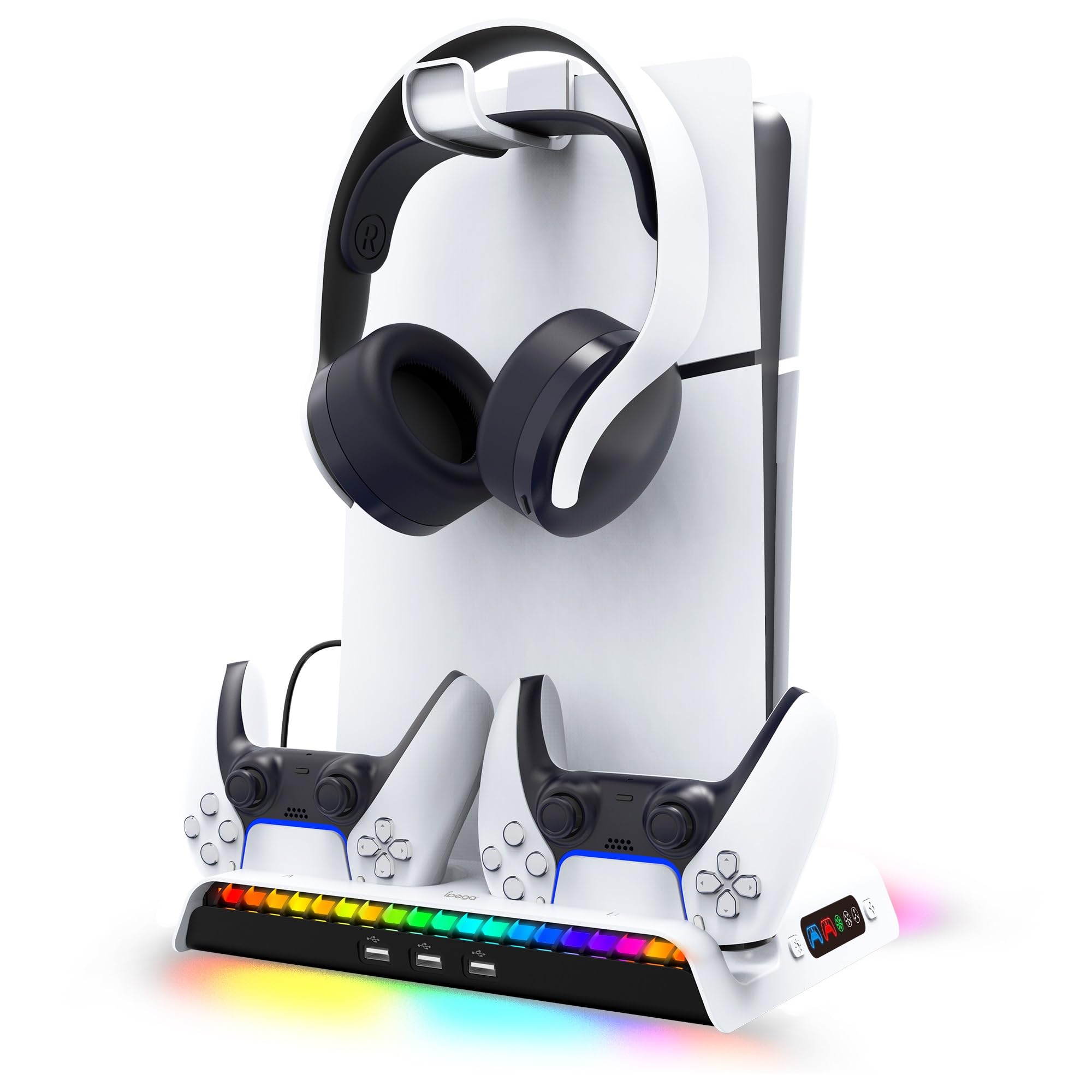 Stojak konsolowy i stacja chłodząca do PS5 Pro/SLIM Disc/Digital Edition, stacja ładująca z podwójnym kontrolerem z uchwytem na kontroler, ładowarka kontrolera z 9 światłami RGB, uchwyt na słuchawki