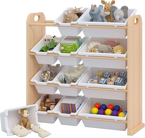 VECELO Estantería para niños con 12 contenedores, estante de madera para juguetes para niños pequeños, almacenamiento de gran capacidad para libros,